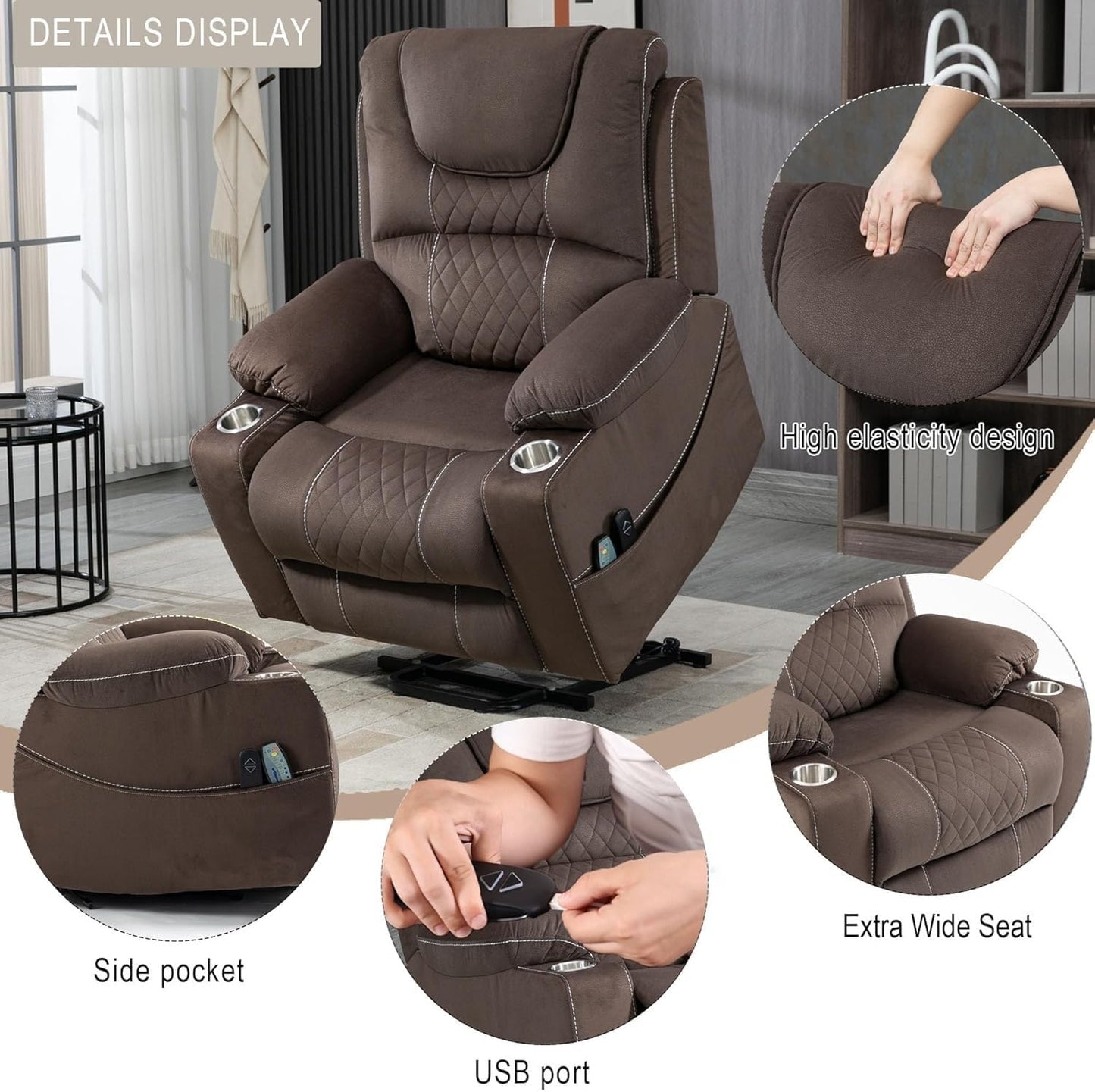 Oversized Power Lift Recliner Chair with Heat and Massage for Seniors, Electric Overstuffed Recliner with Infinite Positions, Cup Holders, USB Ports & Side Pockets