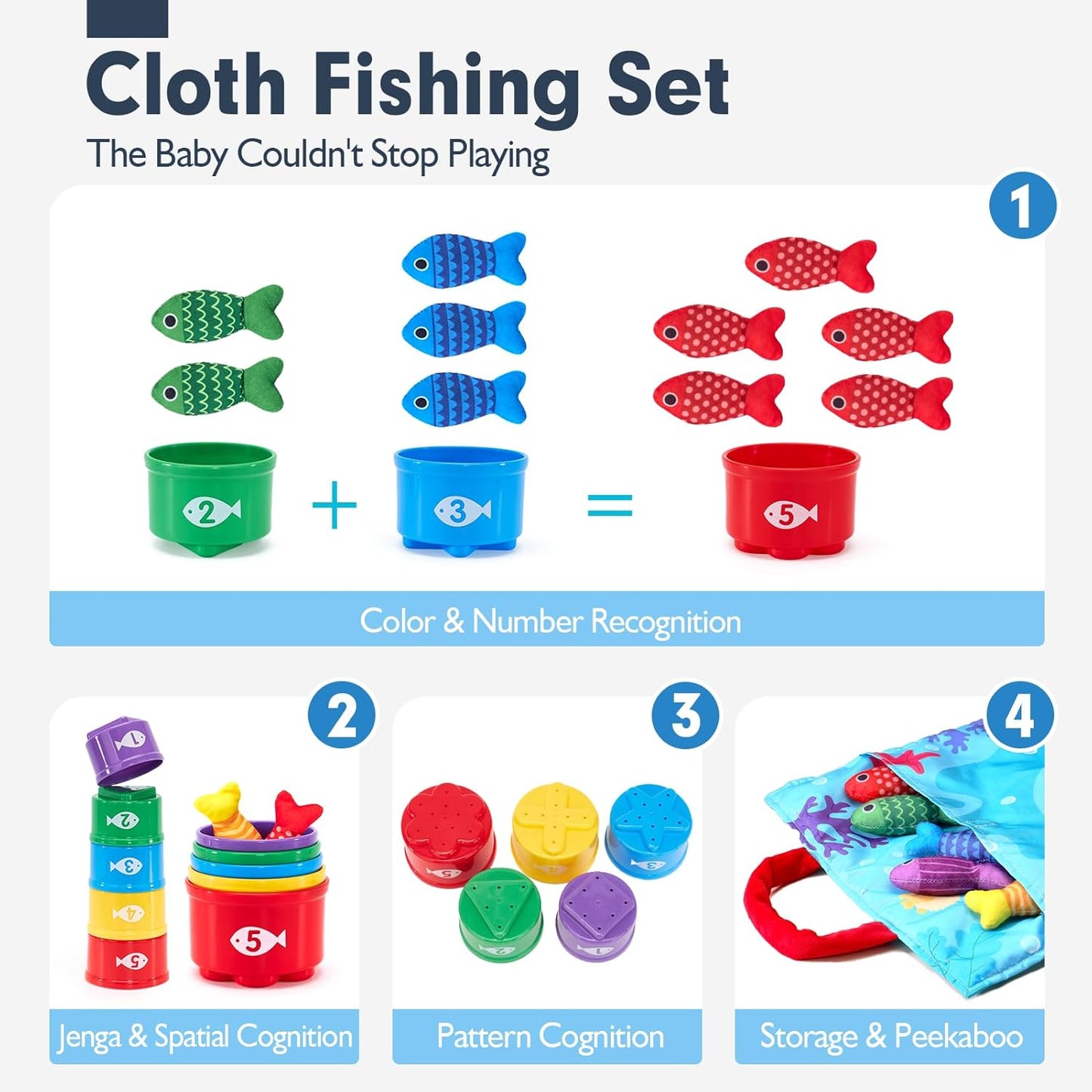 hahaland Montessori Toys for 1 Year Old Boy Girl Birthday Gift - 10 in 1 Cloth Fishing Game Easter Basket Stuffers for Toddler Toys 1-3 with Stacking Cups - Number Counting, Color Sorting Learning