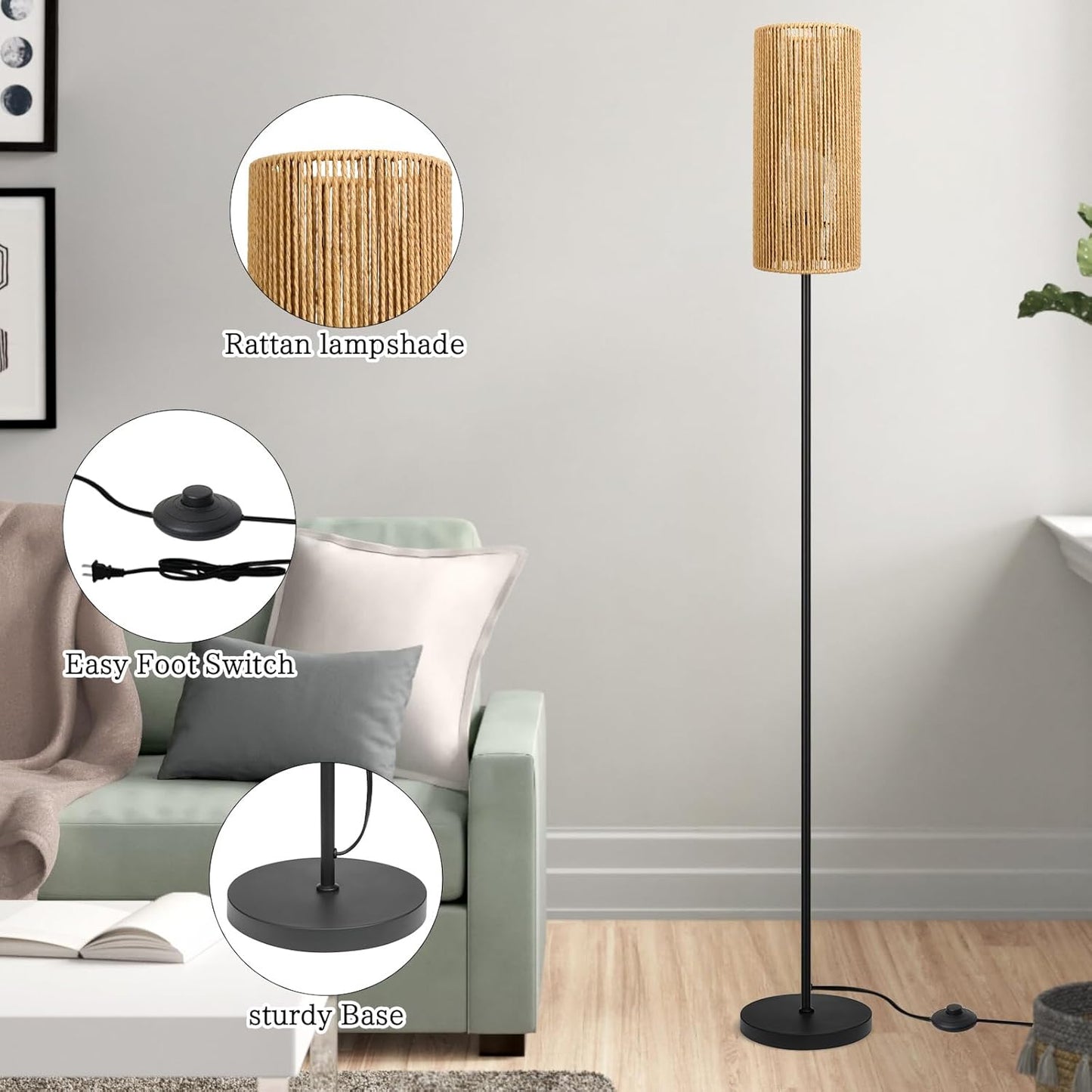 Floor Lamp for Living Room,Farmhouse Floor lamp,Modern Standing lamp with Hand-Worked Rattan Shade (Straight Line Rattan Shade- 3 Color Bulb)