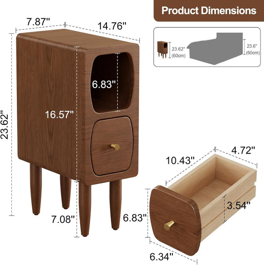 Solid Wood Skinny Nightstand Slim Nightstand with Drawer,Modern Narrow Bedside Table,Narrow Skinny Side Table for Bedroom,Walnut