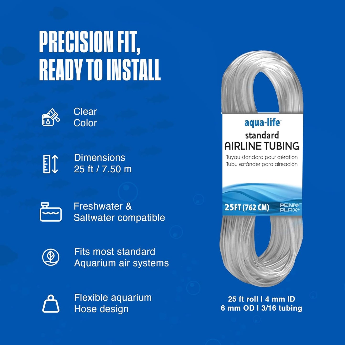 Penn-Plax Aqua-Life Standard Airline Tubing - 3/16 Inch Flexible Airline Hose for Aquarium Pumps, Fish Tank Line for Air Stones & Filters - Safe for Freshwater & Saltwater - 25 ft Long, Clear