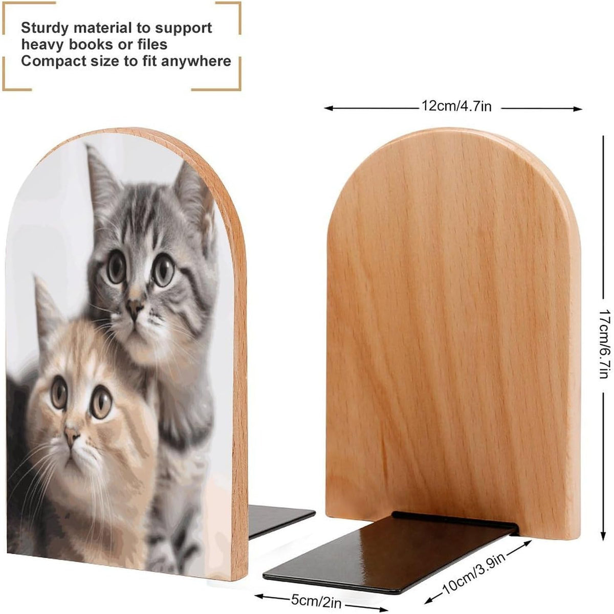 Non-Slip Bookend for Shelves Cats Wooden Bookends with Metal Base Decorative Book Stopper for Home Heavy Duty Wood Book Storage for Books/CDs