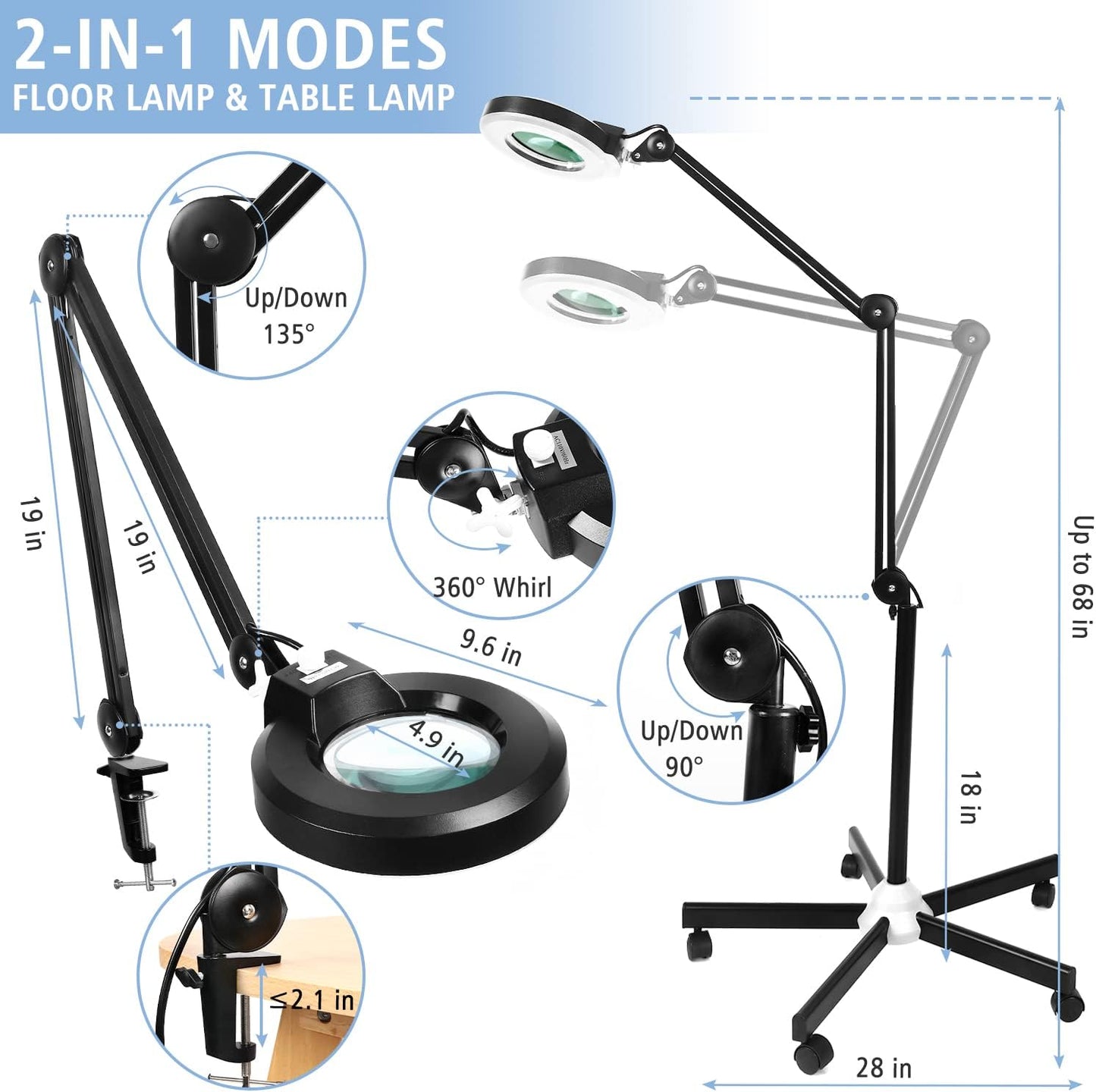 LANCOSC 10X Magnifying Glass with Light and Stand, Floor Lamp with 5-Wheel Rolling Base for Facials Lash Estheticians, 2,200 Lumens Dimmable LED Lighted Magnifier for Reading Sewing Crafts - Black