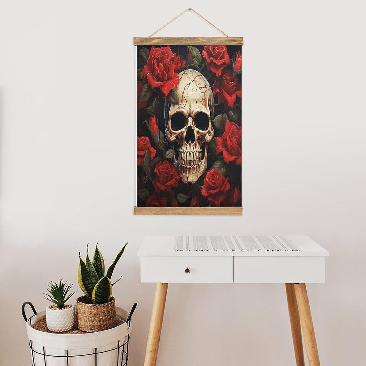 Vintage Skull Rose-Red Poster with Wooden Frame Personalized Linen Hanging Scroll Painting Rustic Wall Hanging Illustrative Modern Artwork Decor for Home Living Room Bedroom Office