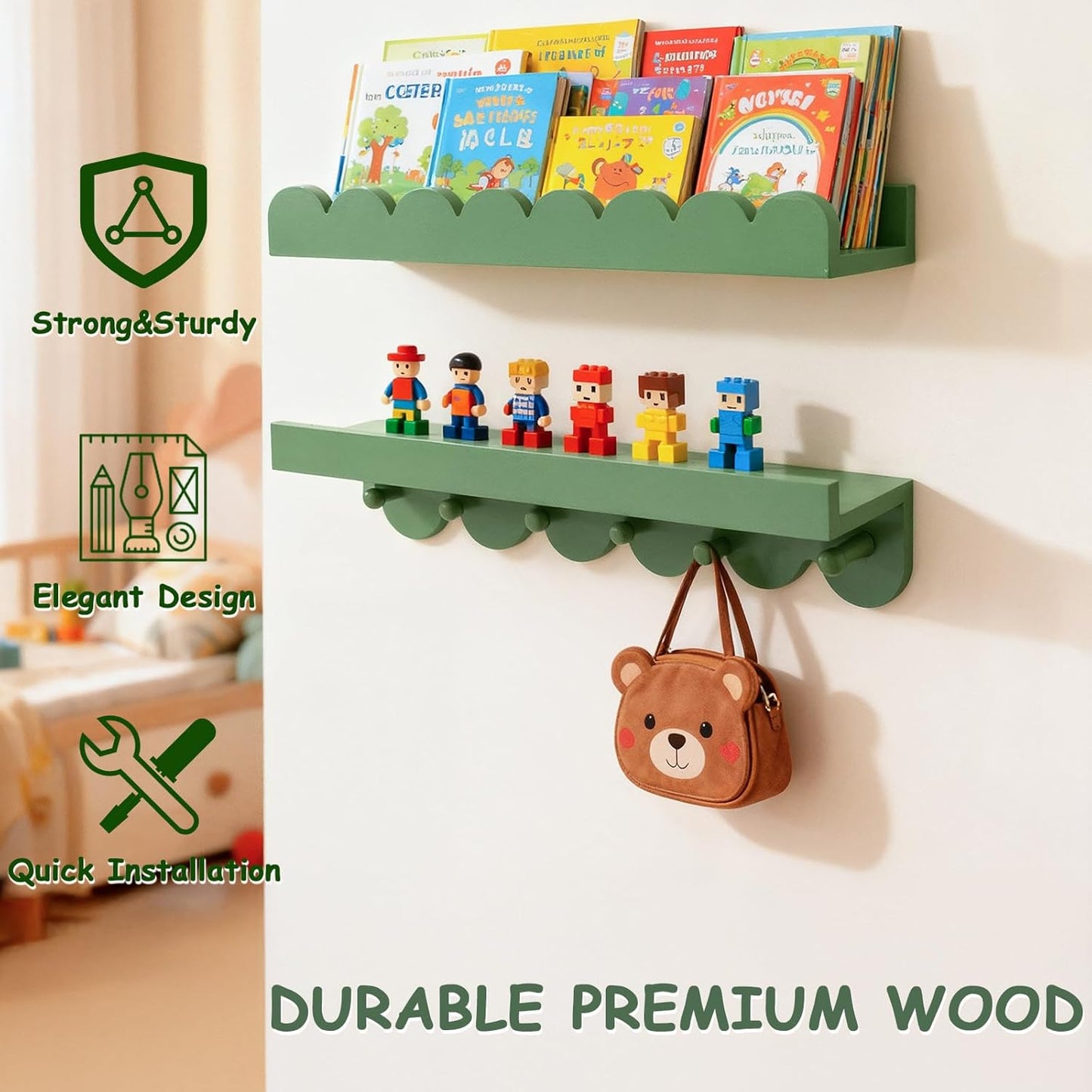 OurWarm Floating Book Shelves for Wall, 16 Inch Nursery Book Shelves Wall Shelves for Kids Room Set of 4, Wood Scalloped Bookshelf for Nursery Kids Bedroom Restroom Kitchen Living Room Decor