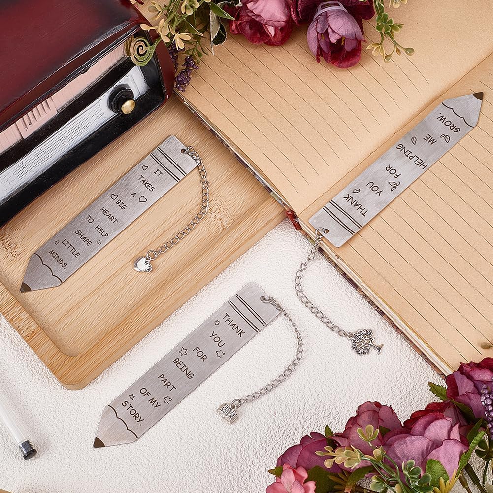 3Pcs Engravable Metal Bookmarks Blank Book Marks with Tassel Pen Shape Motivational Words Tree Stainless Steel Silver Book Markers for Readers School Students Page Textbook DIY Reading Gifts