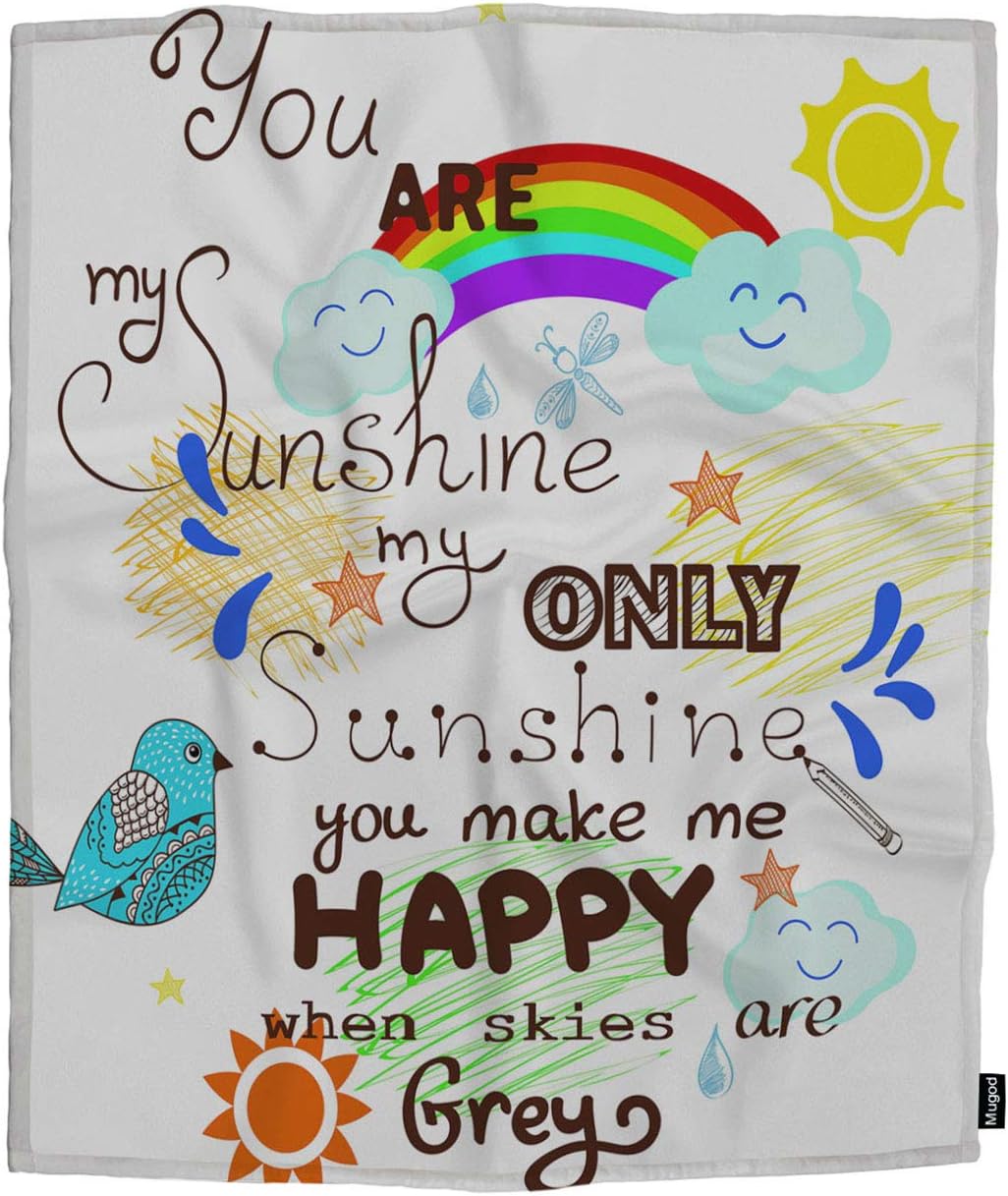 Mugod Beautiful Greeting Card Throw Blanket You are My Sunshine with Bird Cloud Rainbow and Sun Decorative Soft Warm Cozy Flannel Plush Throws Blankets for Baby Toddler Dog Cat 30 X 40 Inch
