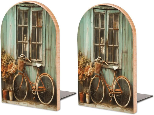 Vintage Window with Bicycle Wooden Bookend Non-Slip Book Ends Heavy Duty Book Stopper with Metal Base Books Holderd Decorative Bookends Stands Firmly for Office Supplies