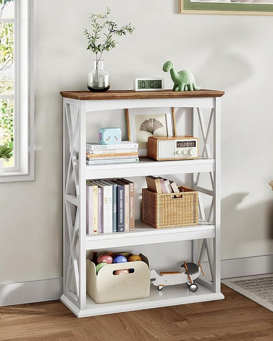 4-Tier Bookcase, 42.9" Floor Standing Organizer Shelf, Corner Book Stand, Metal Frame, for Study, Bedroom, Living Room, White and Walnut TSJ01WL