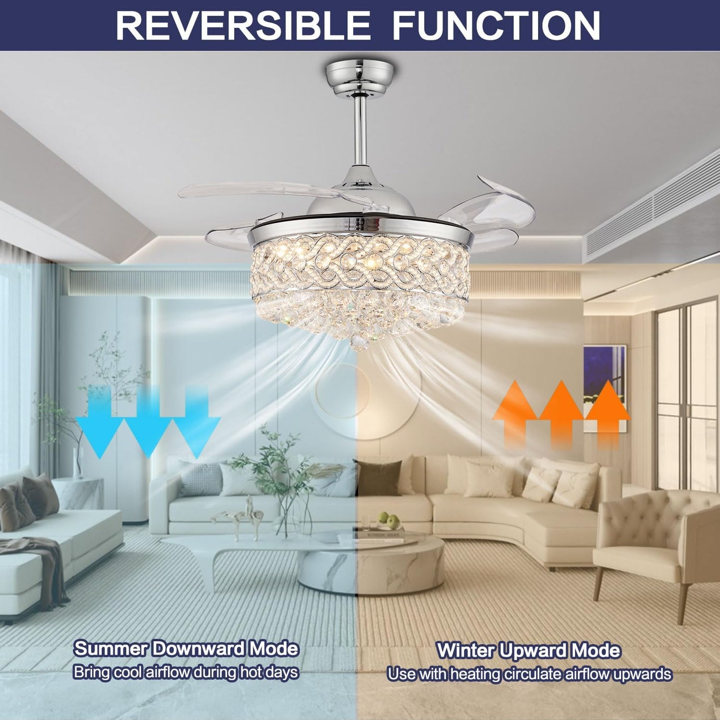 48" Crystal Ceiling Fan with Light and Remote，Dimmable Fandelier with Invisible Retractable Blades, Modern Chandelier Ceiling Fans with Lights for Bedroom Living Room 6 Speed Chrome