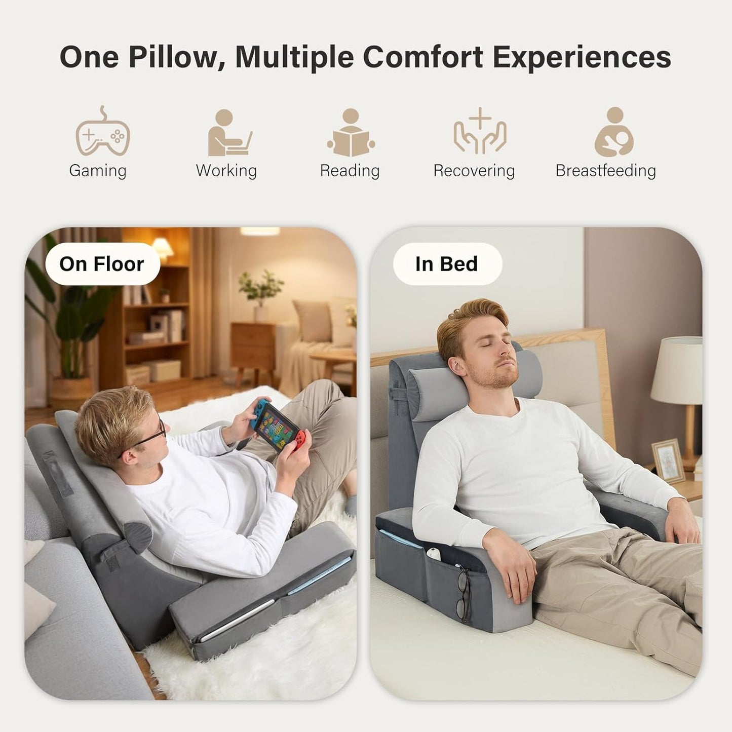 Vekkia 25" Extra-Large Reading Pillow for Tall Adults – 60° Ergonomic Wedge Back Pillow with Built-in Armrests, Adjustable Headrest & Large Pockets – Ideal for Sitting in Bed, Reading, TV, and Gaming