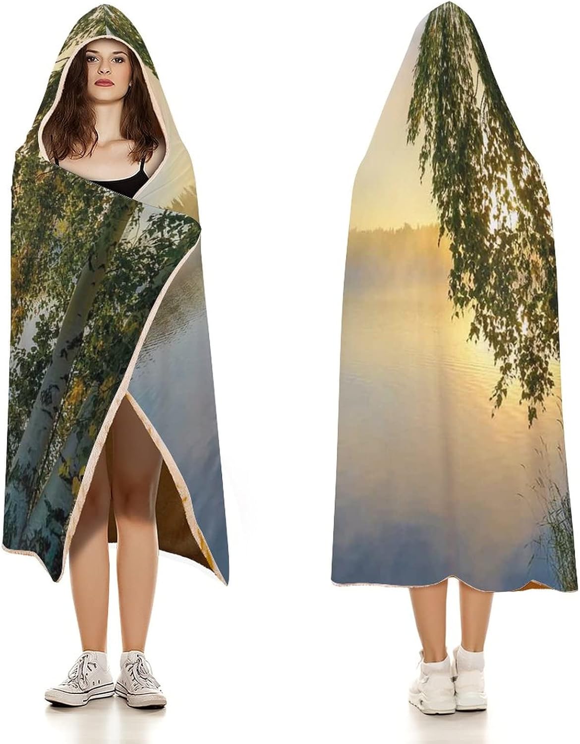 Throw Blankets, Nature Wearable Hooded Blanket for Adults, Sunny Day by Misty Lake with Tree Summer, Soft Warm Cozy, 60 x 80inches, Studying Reading Snuggling Napping Office, Fern Green Light Blue