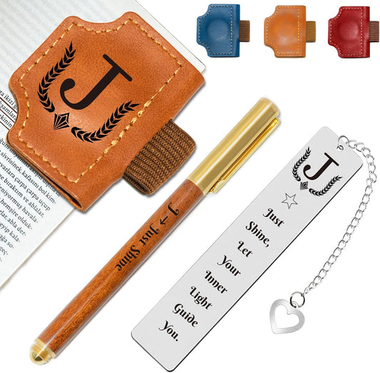 3Pcs Personalized Magnetic Leather Bookmark with Pen Holder Custom Bookmarks Gift Set Include Metal Book Marks & Wooden Pen, Customized Book Markers Gift for Book Lover Readers Women & Men (Brown,J)