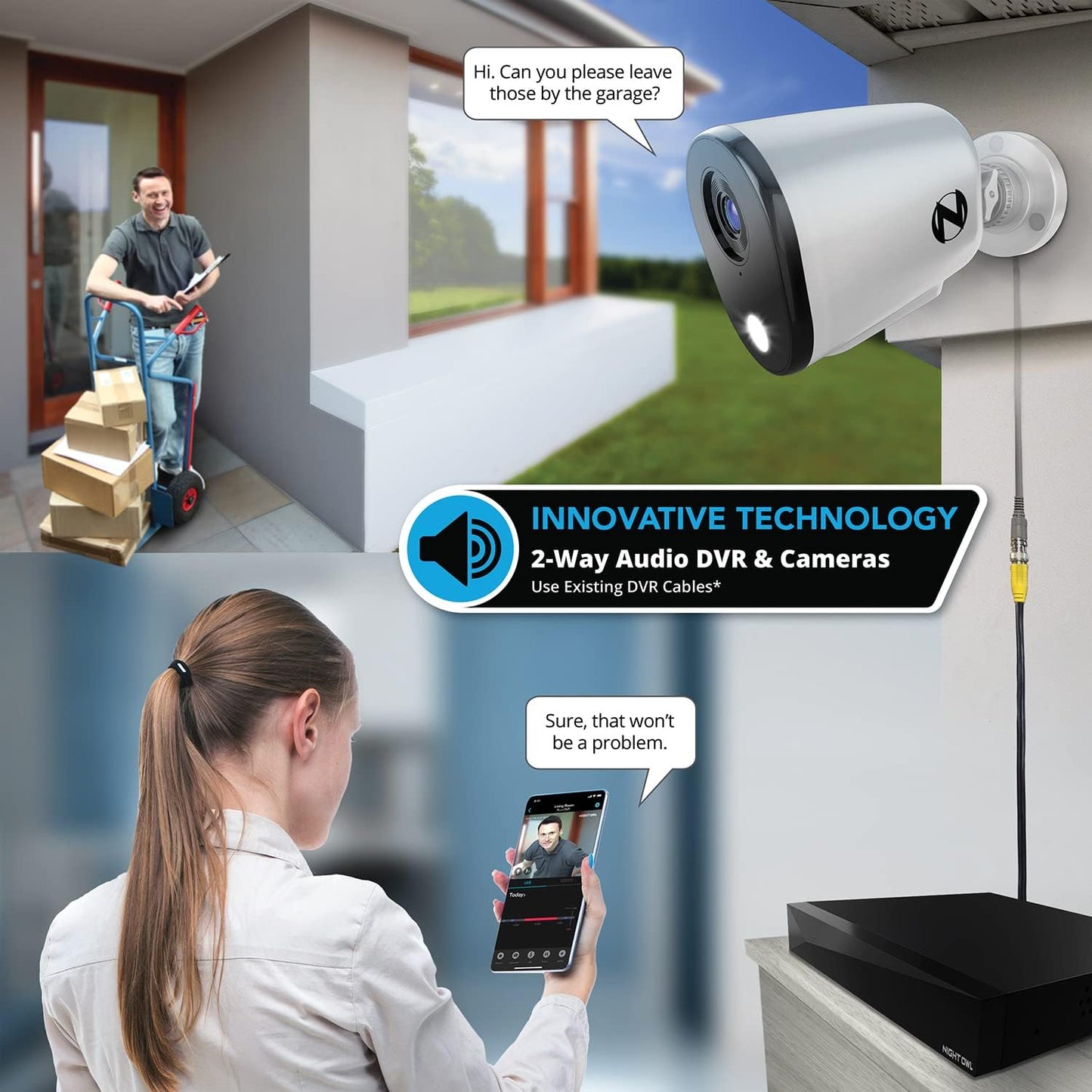 Night Owl 2-Way Audio 12 Channel DVR Video Home Security Camera System with (4) Wired 2K HD Indoor/Outdoor Deterrence Cameras and 1TB Hard Drive (Add up to 4 More Wired and 4 Wi-Fi Cameras)
