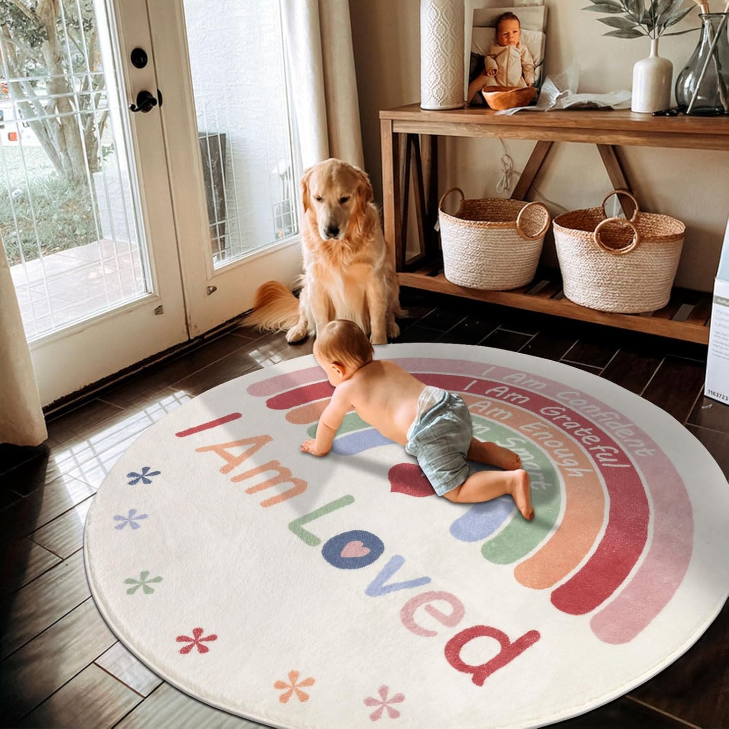 Topotdor Boho Rainbow Round Rug,Washable Kids Rug Ultra Soft Colorful Nursery Rug for Calming Corner Home Bedroom Playroom Decor,47" Round