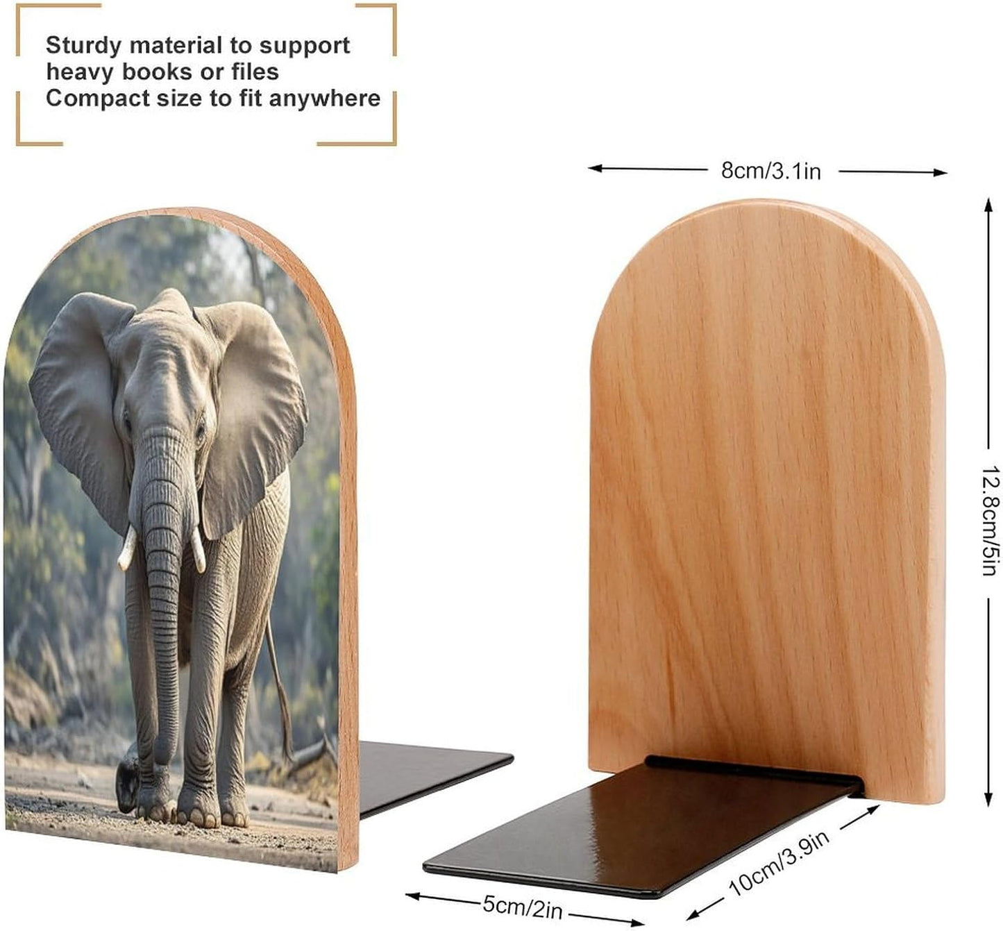 Elephant Bookends 1 Pair Heavy Duty Book Ends for Shelves Non-Skid Bookend Supports Wooden Book Holders with Metal Base Desk Organizers Books Storage to Hold Books
