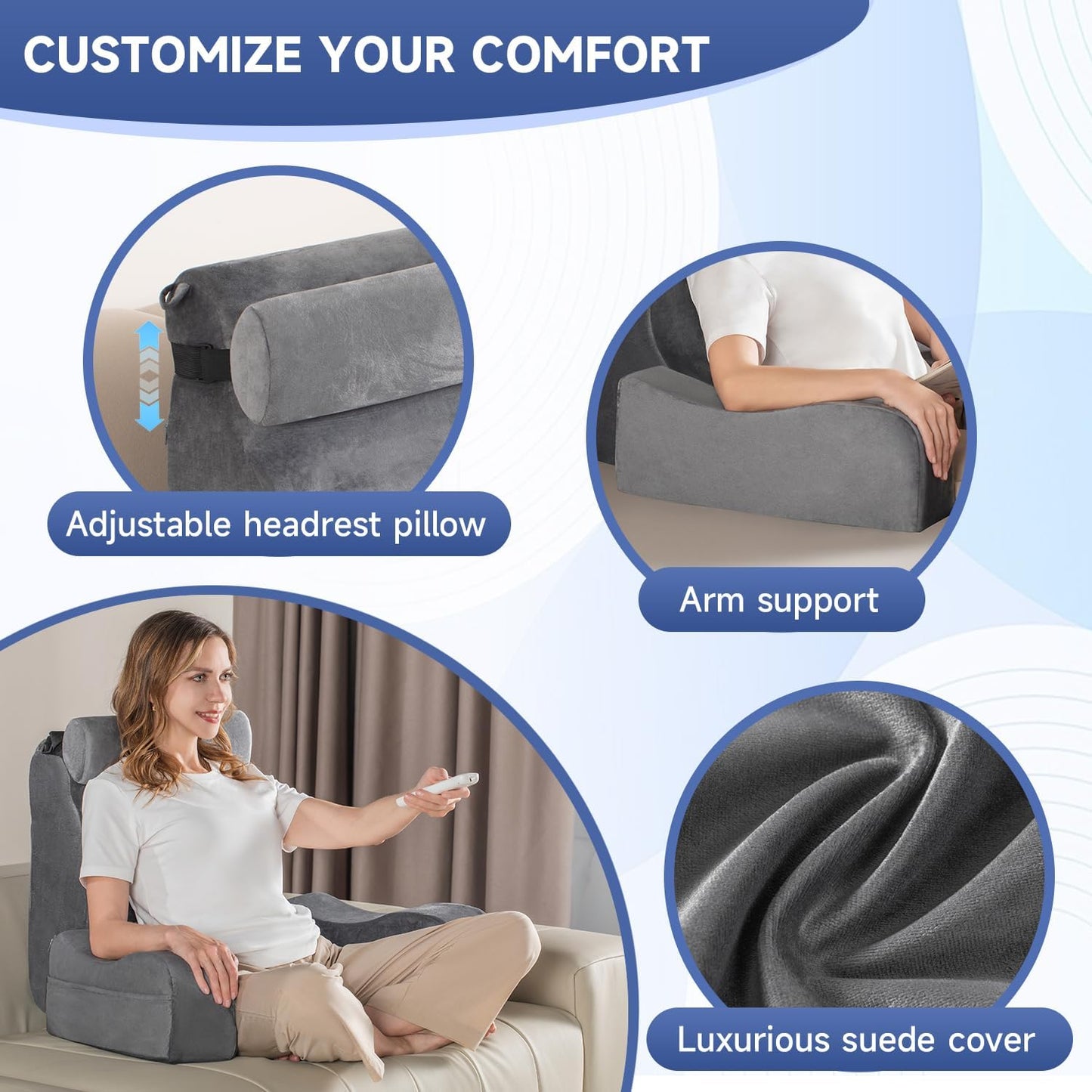 SofGlowly Reading Pillow for Sitting in Bed Adult, Back Support Pillow for Bed Sitting up with Arm Rest,Bed Rest Pillows for Watching TV/Reading/Gaming/Resting in Beds, Couch or Floor, Medium 19" Gray