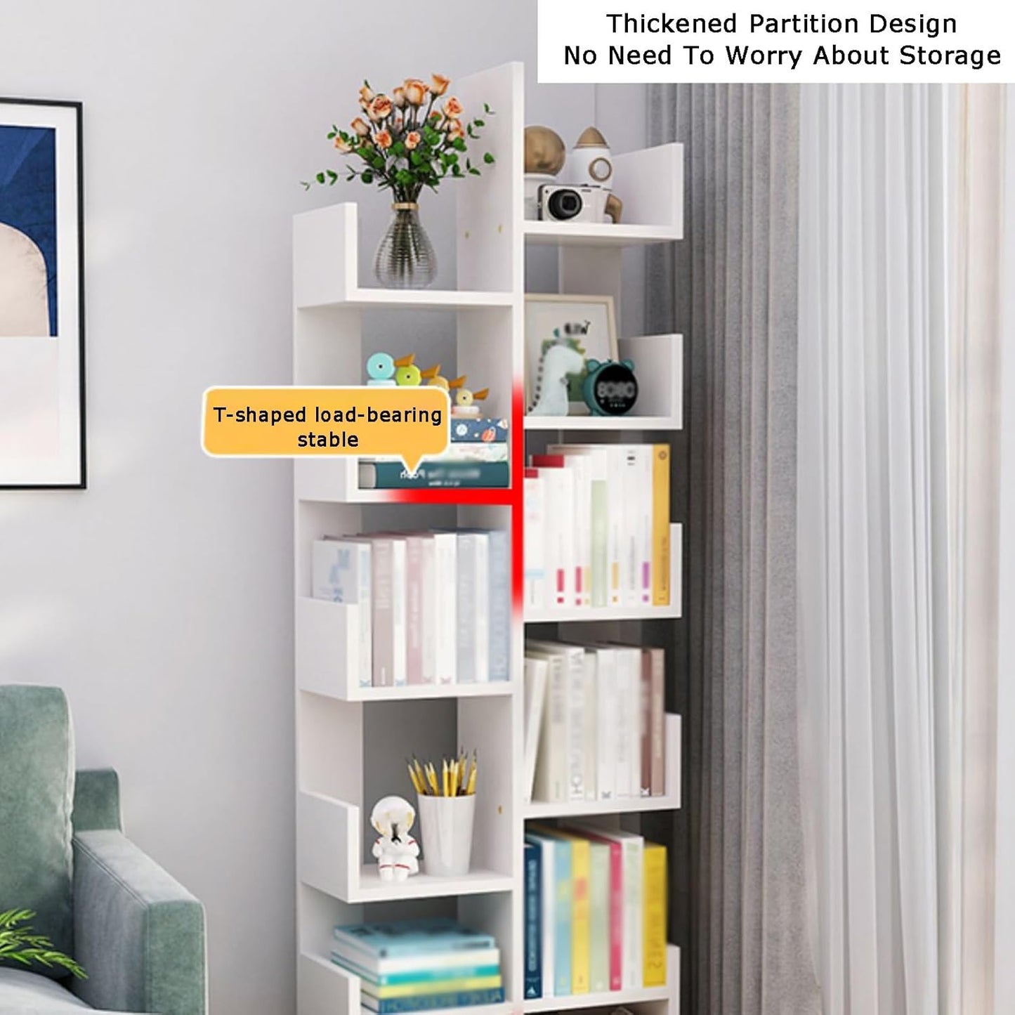 Tree-Shaped Bookshelf, Vertical Book Organizer with 7/9/11 Tiers, Space-Saving Bookcase for Living Room & Bedroom, Modern White Design (41x17x118cm)