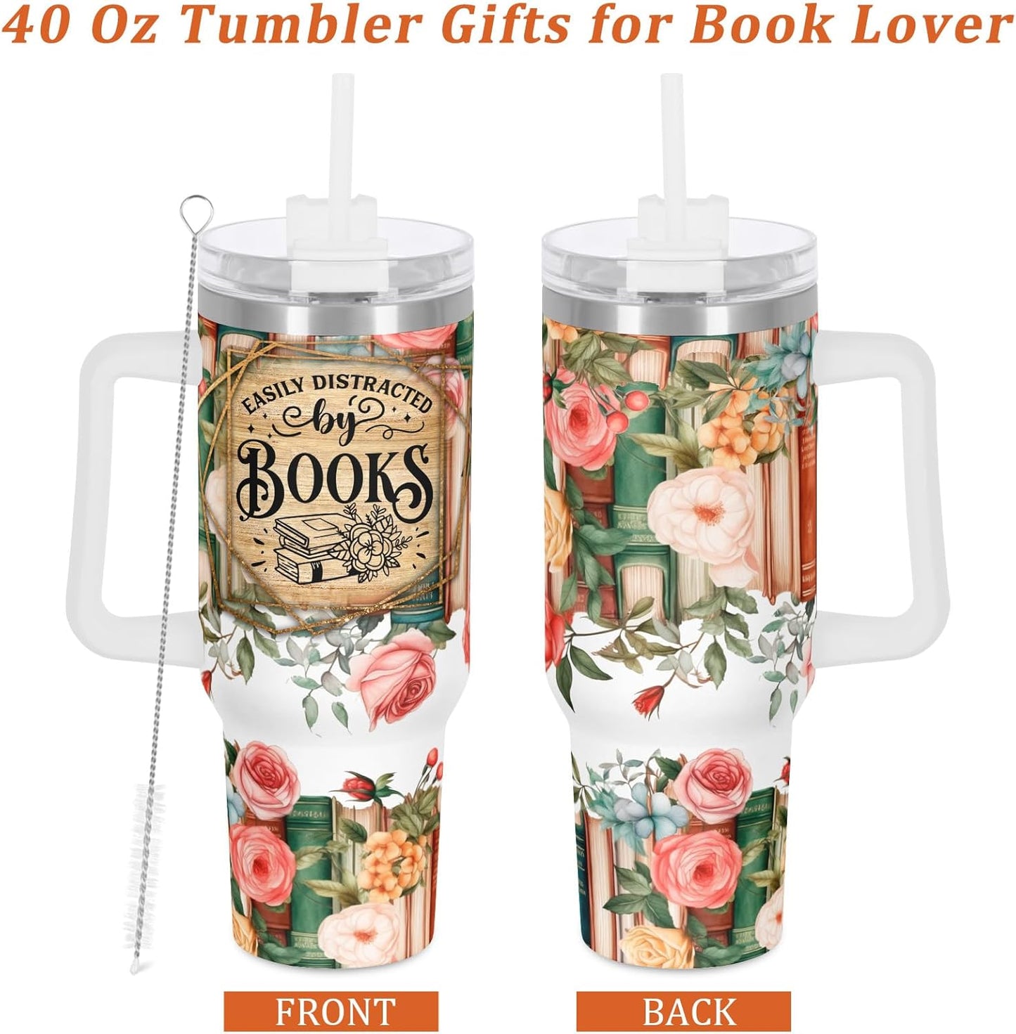 Easily Distracted By Books Book Lover Tumbler, Bookish Gift For Book Lover, Reader, Bookworm, Book-Themed 40 Oz Tumbler with Handle