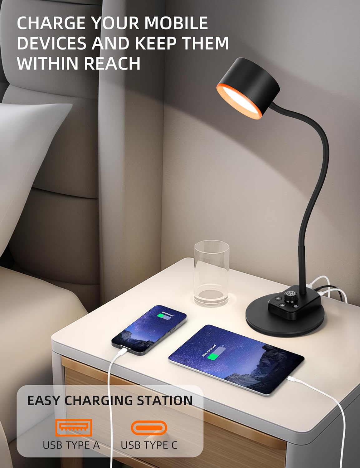 Desk Lamp, LED Desk Lamp with USB C + A Charging Ports, 5 Colors Fully Dimmable Eye Care Reading Lamp for Bedside Table Full Metal Efficient Gooseneck Table Lamp for Home Office Black