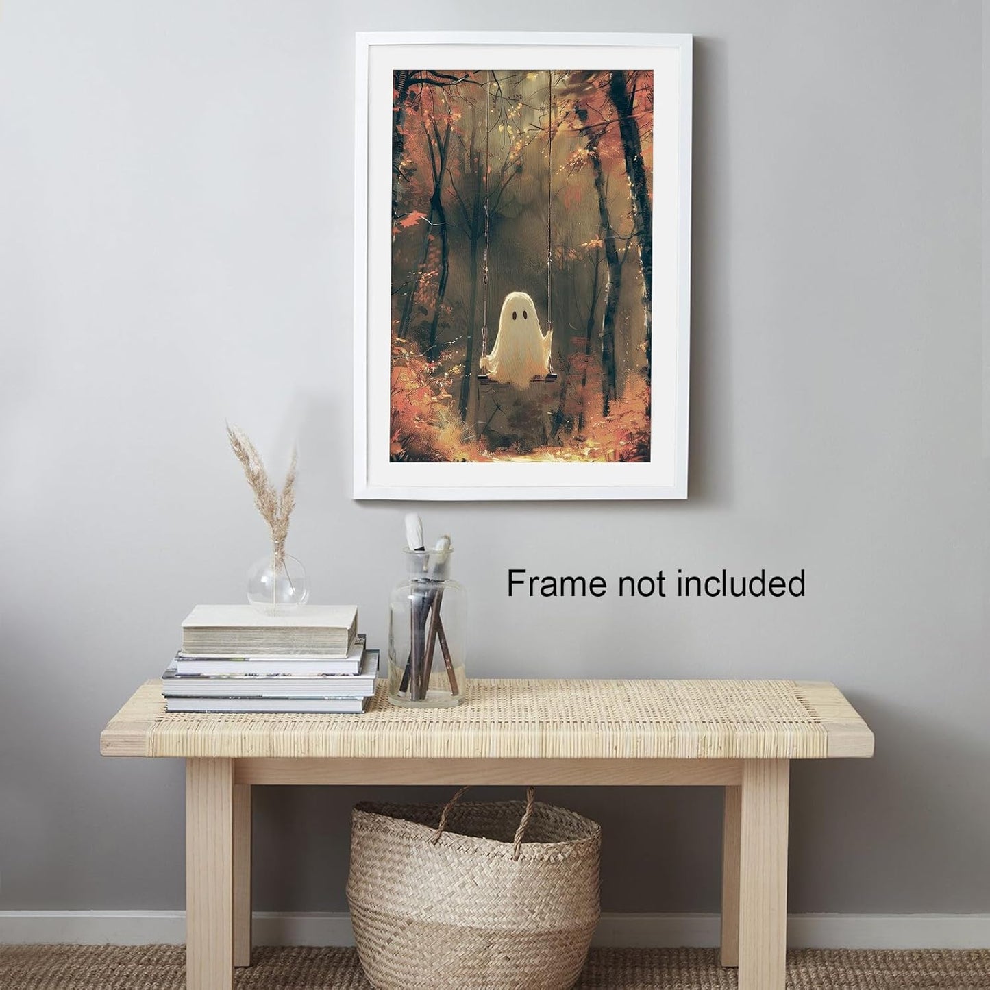 Vintage Cute Ghost Canvas Wall Art Funny Ghost on A Swing in The Forest Aesthetic Poster Gothic Dark Academia Wall Decor Spooky Fall Gothic Cute Decor 11x14in Unframed
