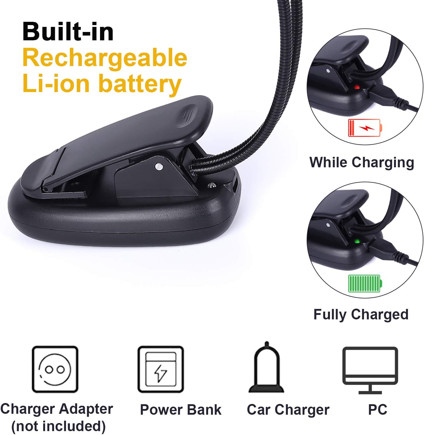 Rechargeable Music Stand Light, Clip on Reading Light, 8 LED Book Lamp, 3-Level Brightness for Eye Protection, Perfect for Piano, Orchestra, Bookworms, Craft (White & Warm, Dual Arm)