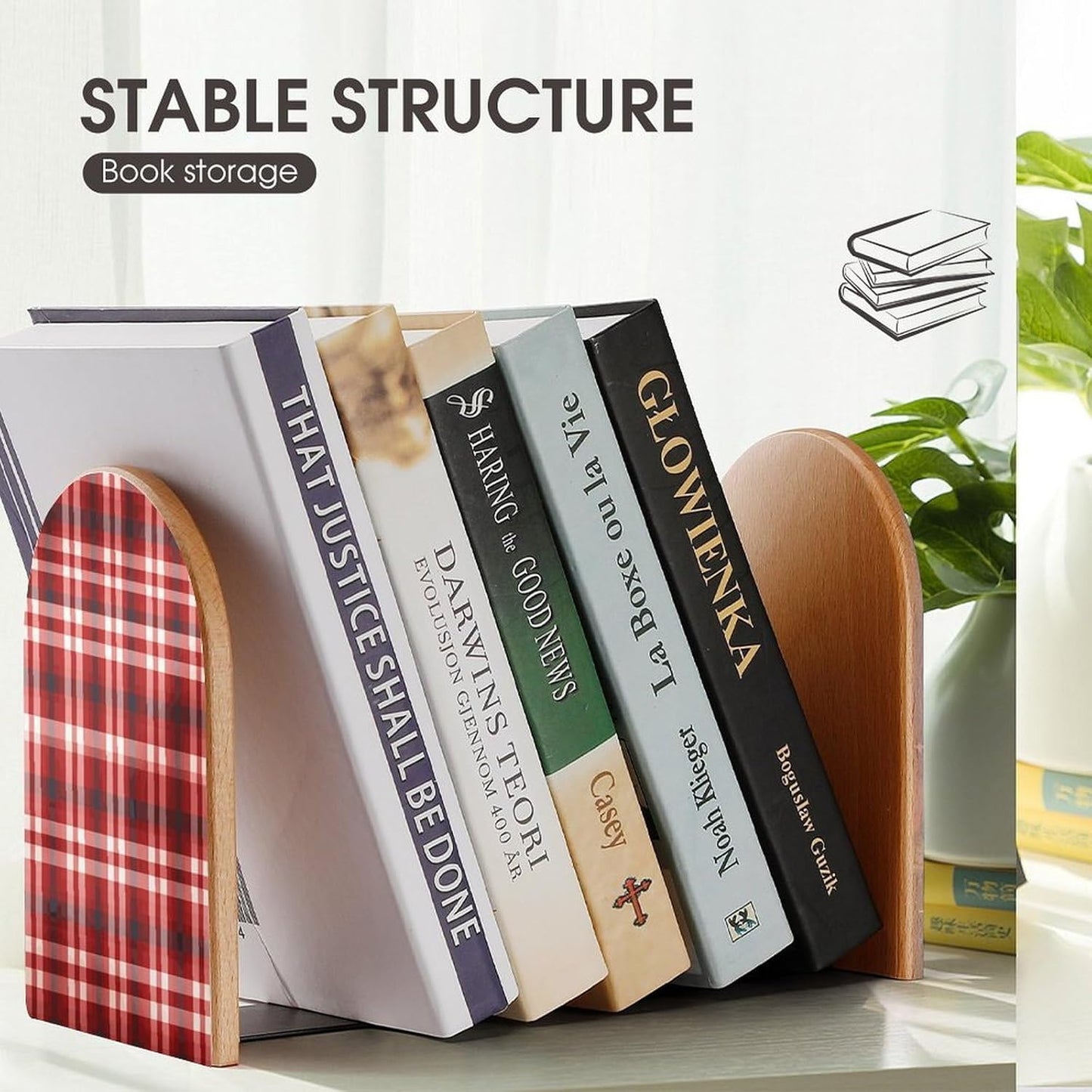 Red Plaid Bookend for Shelves Wooden Book End Large Size Sturdy Book Holders Stoppers with Metal Base for Bookshelves Slick Decorative Bookends Stands