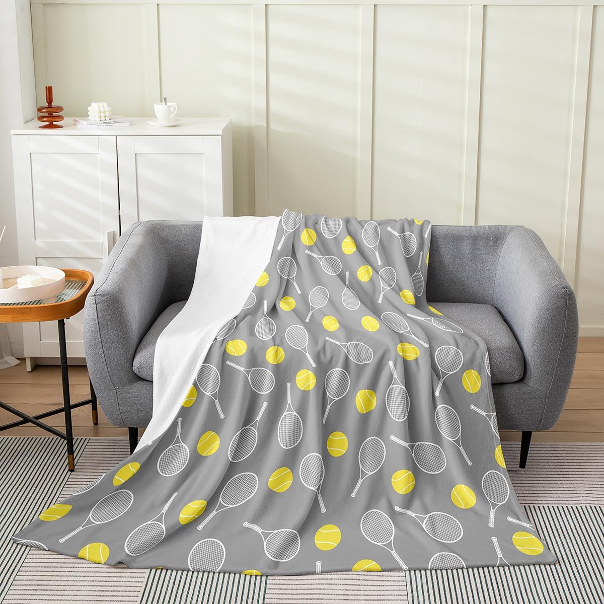 Erosebridal Tennis Sports Gray Ball Games Soft Fleece Throw Blanket 40x50 for Boys Girls Tennis Lover, Kids Racket Flannel Blanket for Sofa Bed Chairs, Cartoon Activity All Seasons Room Decor
