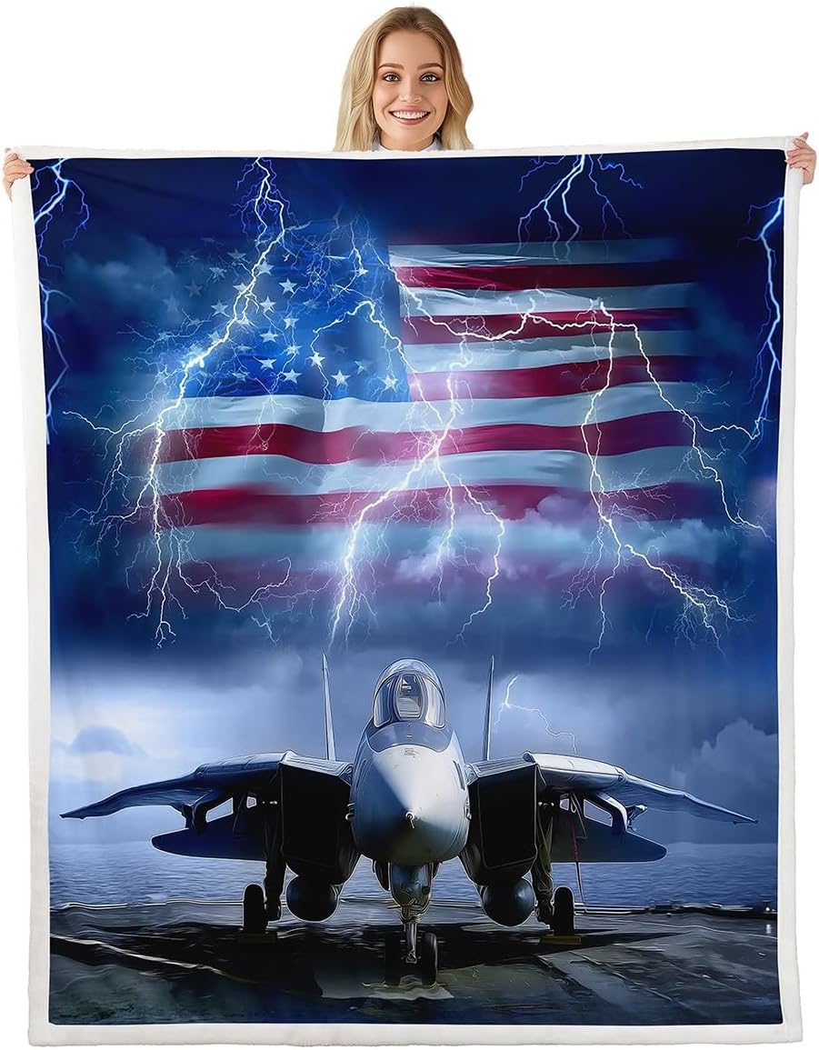 3D Aircraft Throw Blanket,American Flag Blankets for Kids Boys Teens,Glowing Lightning Fleece Blanket Fashion Cool Airplane Sherpa Blanket Adult Bedroom Decor,for Chair/Sofa,50"×60"