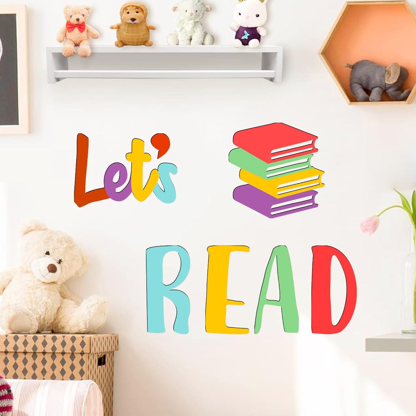 Let's Read Sign Wall Decals Colorful Reading Rooom Wall Decor Stickers Reading Nook Wood Sign Decals Decor Removable Motivational Walls Sicker for Kids Bedroom Playroom Nursery Library Classroom Decor