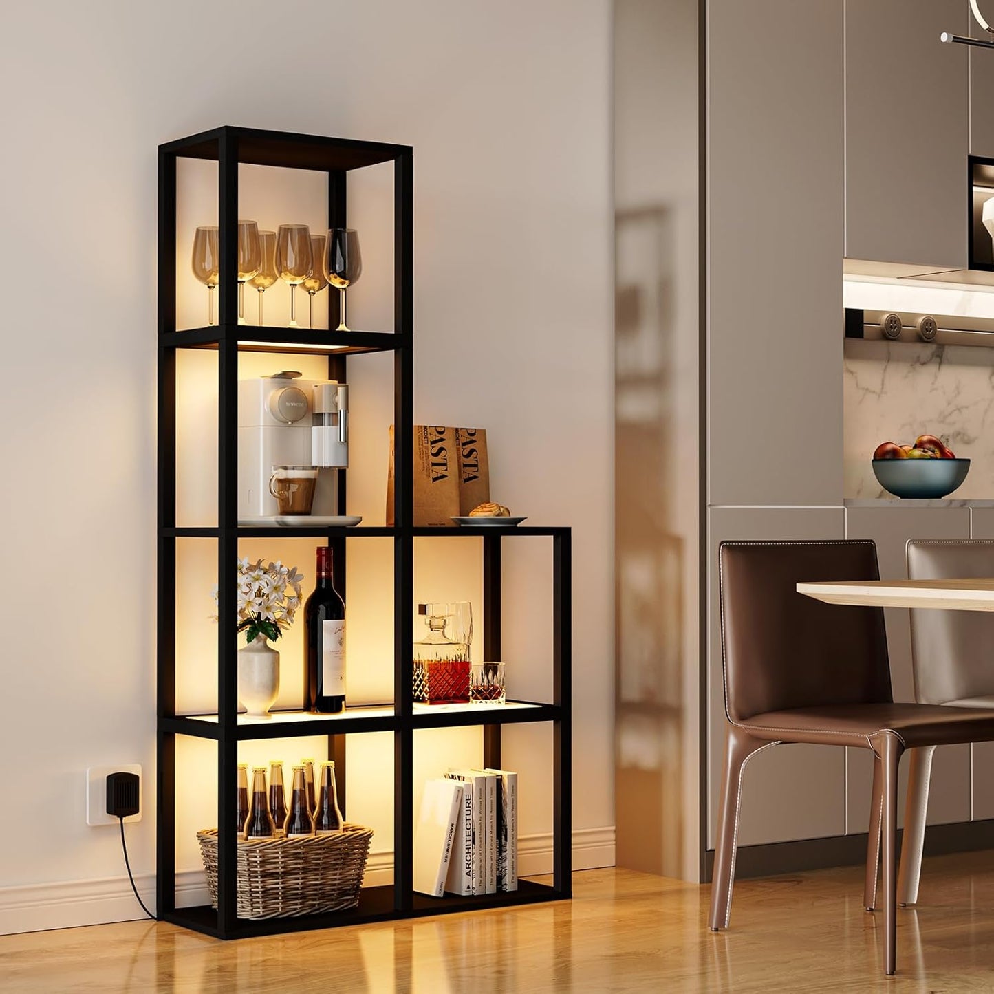 Display Shelf with LED Light Standing Floor Lamp with Glass Storage Shelves for Collectibles, 5 Tier Tall Corner Shelf Open Curio Cabinet for Living Room, Bedroom, Office, Home Decor