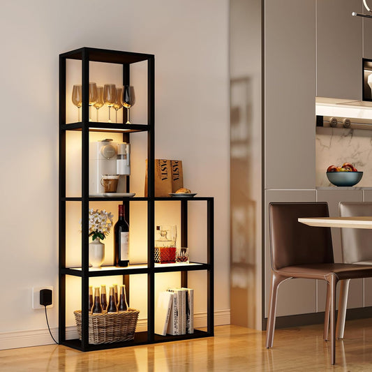 Display Shelf with LED Light Standing Floor Lamp with Glass Storage Shelves for Collectibles, 5 Tier Tall Corner Shelf Open Curio Cabinet for Living Room, Bedroom, Office, Home Decor