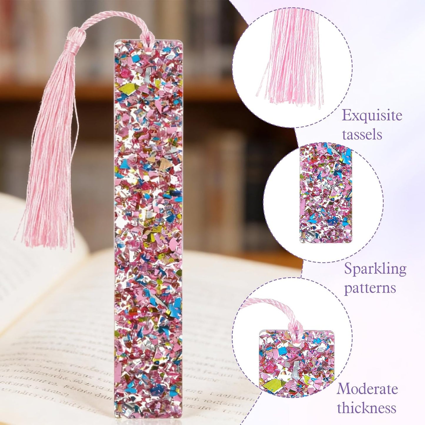 3PCS Glittering Bookmarks, Glitter Acrylic Bookmarks Transparent Glitter with Colorful Silk Tassels for Women Girls Reading Gifts