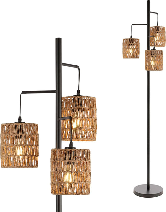 JONATHAN Y 70.75" Black 3-Light Bohemian LED Floor Lamp, Mid-Century Modern Standing Light with Natural Rattan Lantern Shades for Living Room, LED Bulbs Included JYL1150A