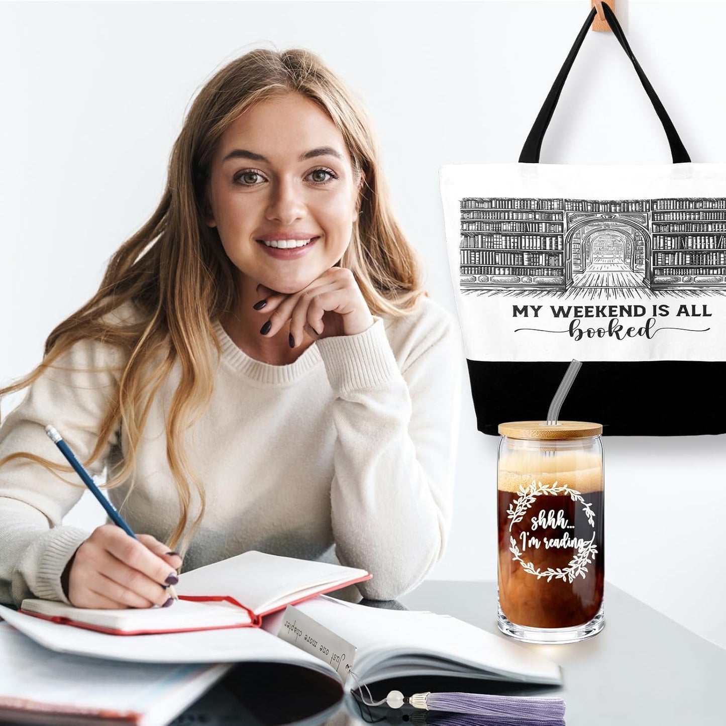 Inbagi 3 Pcs Book Lover Gift, Book Club Accessories, Bookish Gifts for Readers Librarians Bookworms Teachers Friends Cute Birthday Gift, 1 Canvas Tote Bag, 1 Metal Bookmark and 1 Glass Cup