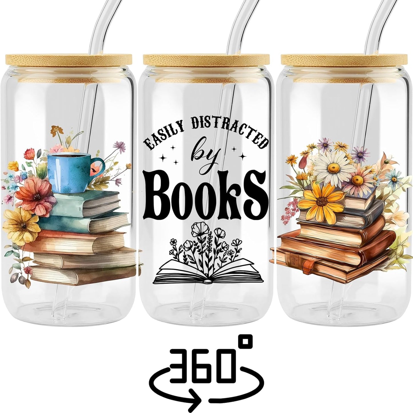 Book Lovers Coffee Glass Cups w/Lids Straws, Easily Distracted By Books Glass Cup, Bookish Gifts for Women, Birthday Gifts For Women Best Friend, Bookworm Club Gift, Student Reading Gift