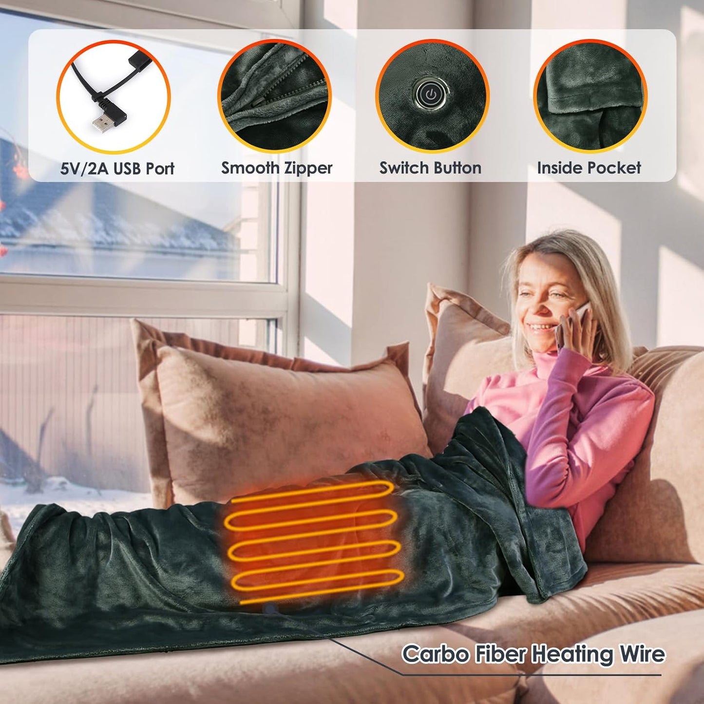USB Heated Blanket Electric Throw, 59" x 31" Electric Heated Shawl Poncho Wrap Blanket with Zipper, Soft Cozy Flannel Gift Wearable Blanket for Car Office Home Travel, Standard