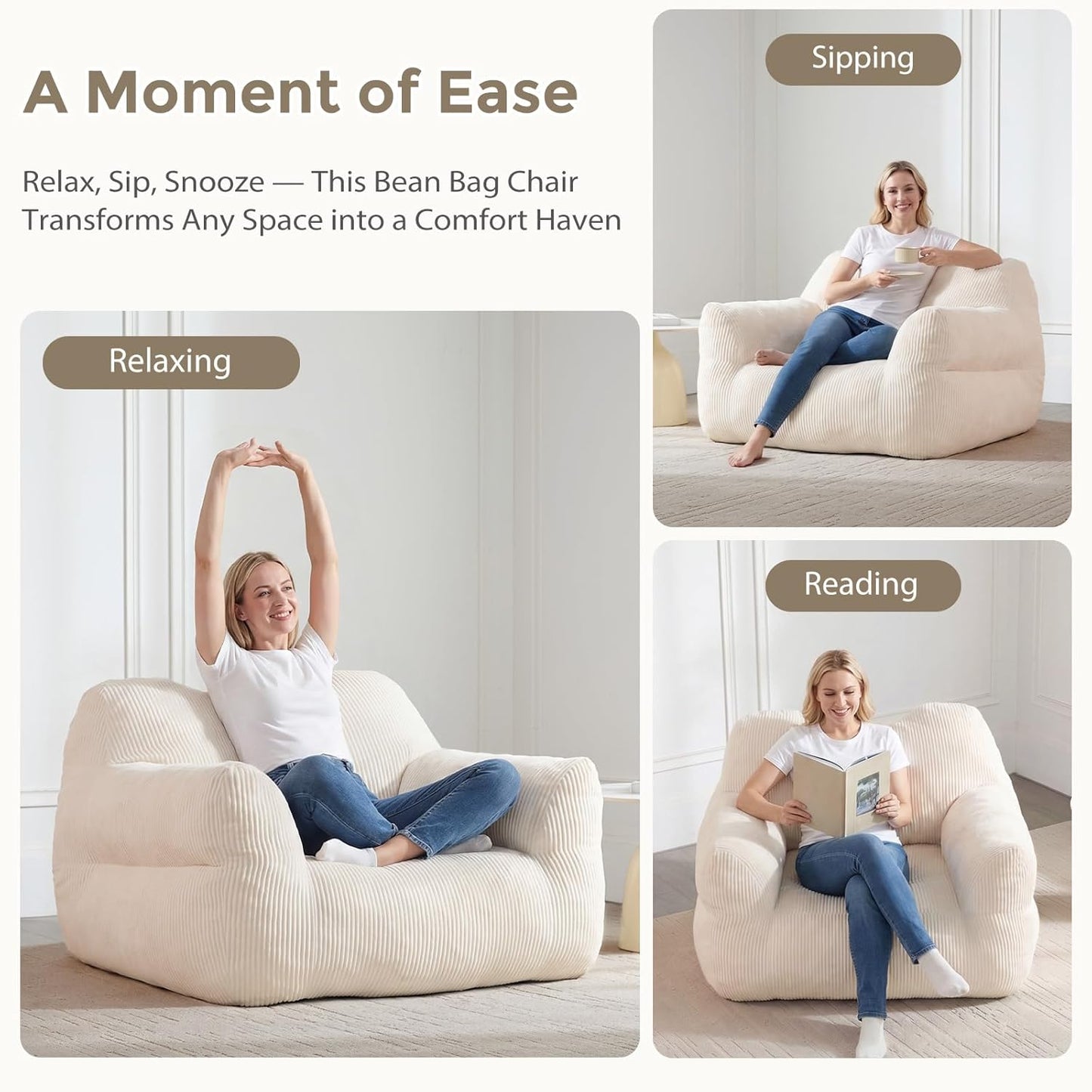 Big Bean Bag Chair for Adults & Kids, Giant Oversized Bean Bag Couch, Comfy Reading Chair with Armrests, Soft Cozy Chair for Bedroom, Lounge Sofa for Gaming, Napping & Relaxing, Beige