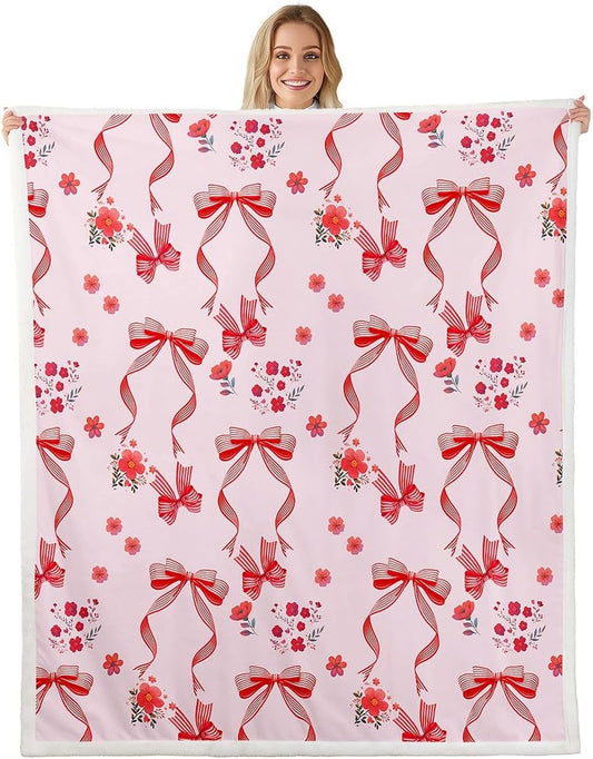 Feelyou Pink Bow Throw Blanket Cartoon Floral Soft Fleece Sherpa Cozy Fuzzy Plush Warm Bowknot Fuzzy Plush Throw Princess Bow Tie Twin 60"x80" for Bed Couch Living Room