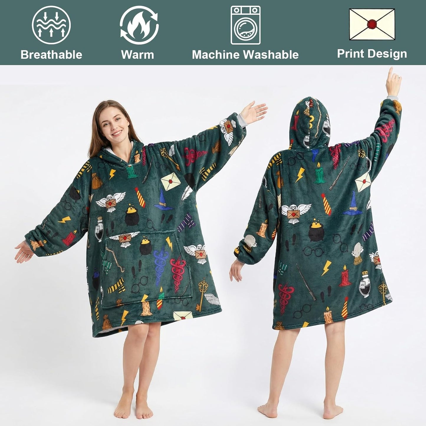 Magical Movie Theme Soft Warm Oversize Wearable Blanket Hoodies for Fans of Magical Movies and Novels, Featuring Owl, Lightning Bolt, and Eyeglass Frame Prints