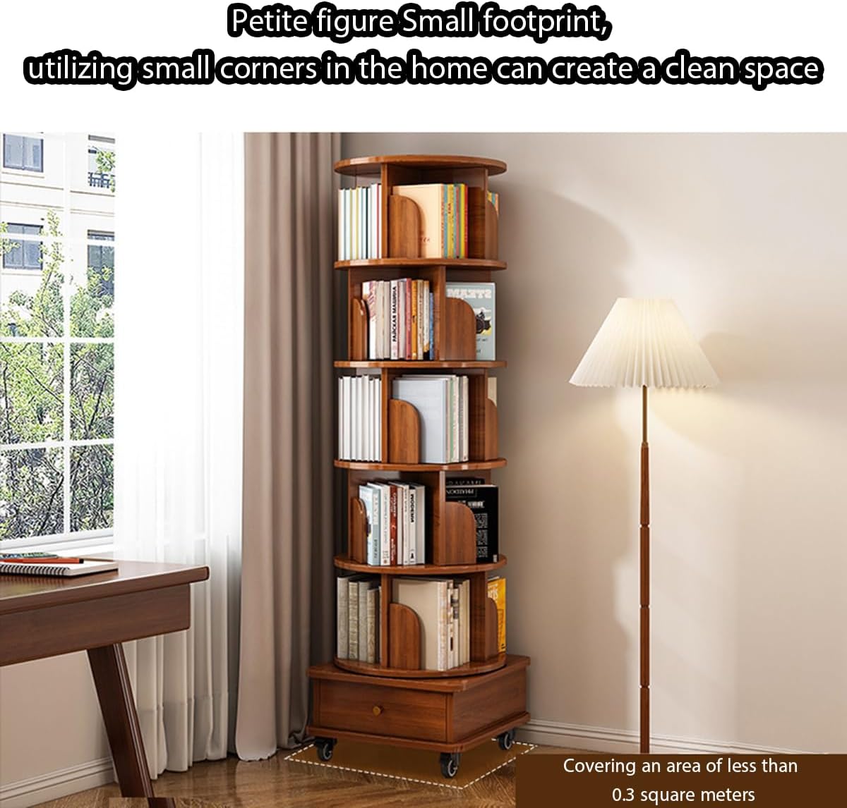 360° Rotating Kids Bookshelf, Stackable Bookcase Tower with Drawer, Adjustable Book Organizer with Brake Wheels for Children's Room, Fun & Functional Storage Solution
