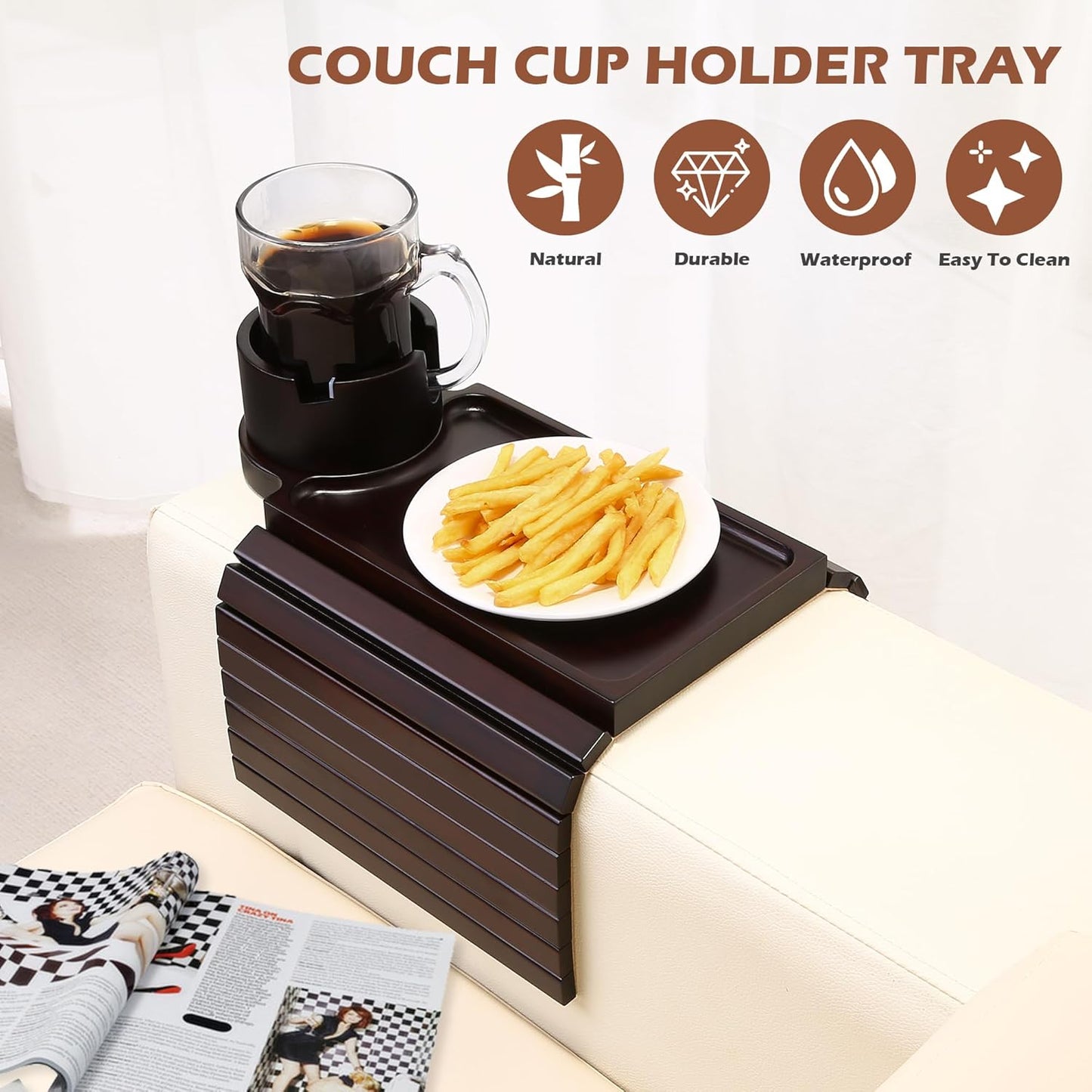 Couch Cup Holder Tray, 3 in 1 Large Couch Arm Trays,Bamboo Chair Clip on Tray with 360° Ratated Phone Cup Holder for Couch,Snacks,Remote,Phone-Black Walnut