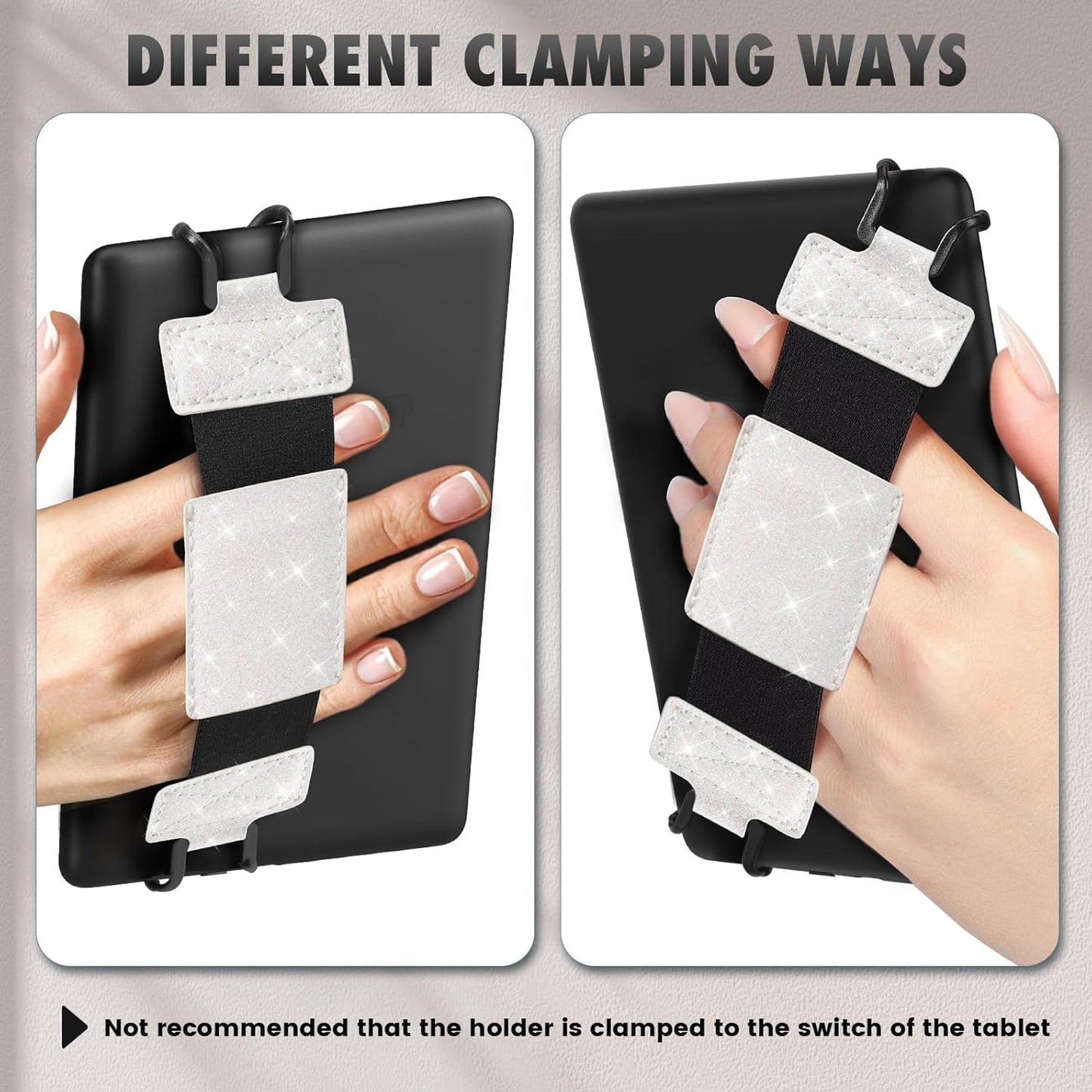 MoKo Soft Hand Strap for 6-8" Universal eReaders & Tablets, Black High-Elasticity Versatile Hand Strap Lightweight Finger Grip Holder, Glitter White