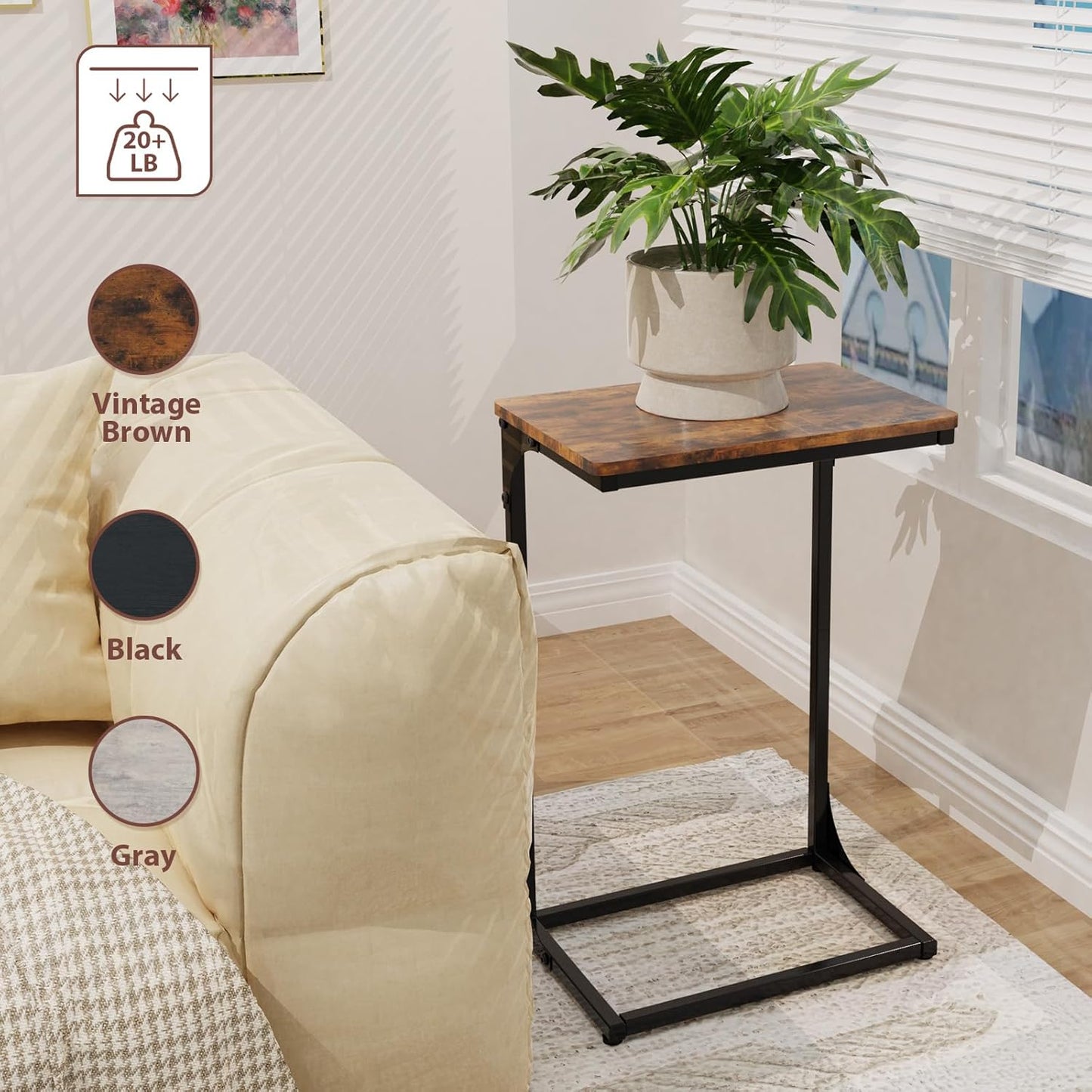 C-Shaped End Table — Slide-Under Sofa TV Tray, for Living Room / Bedroom / Home Office, Brown