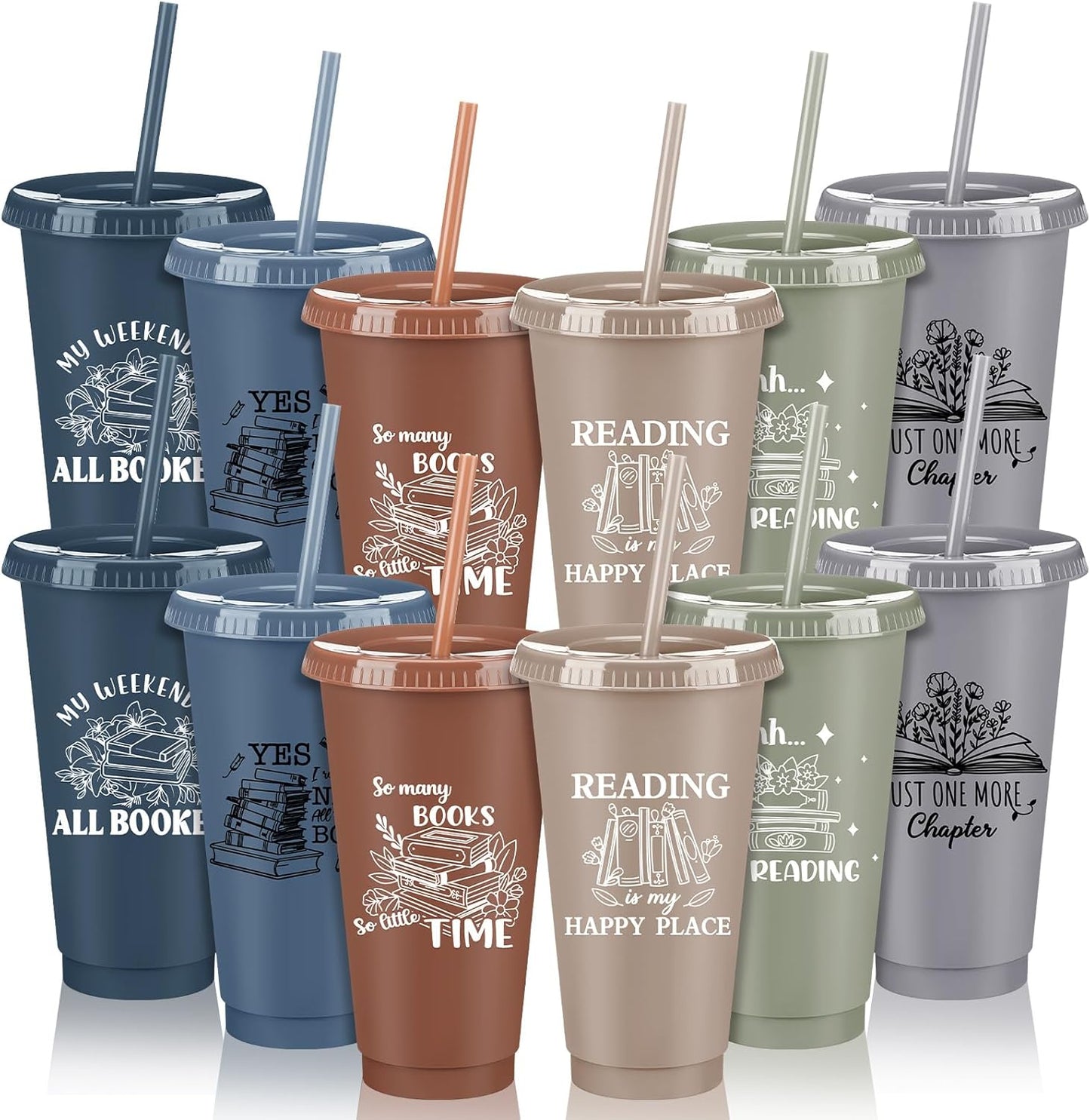Sliner 12 Pcs Book Lovers Gifts 24 oz Book Club Themed Tumbler with Straw and Lid Reusable Bookish Gifts for Reader Themed Party Birthday library(Morandi)