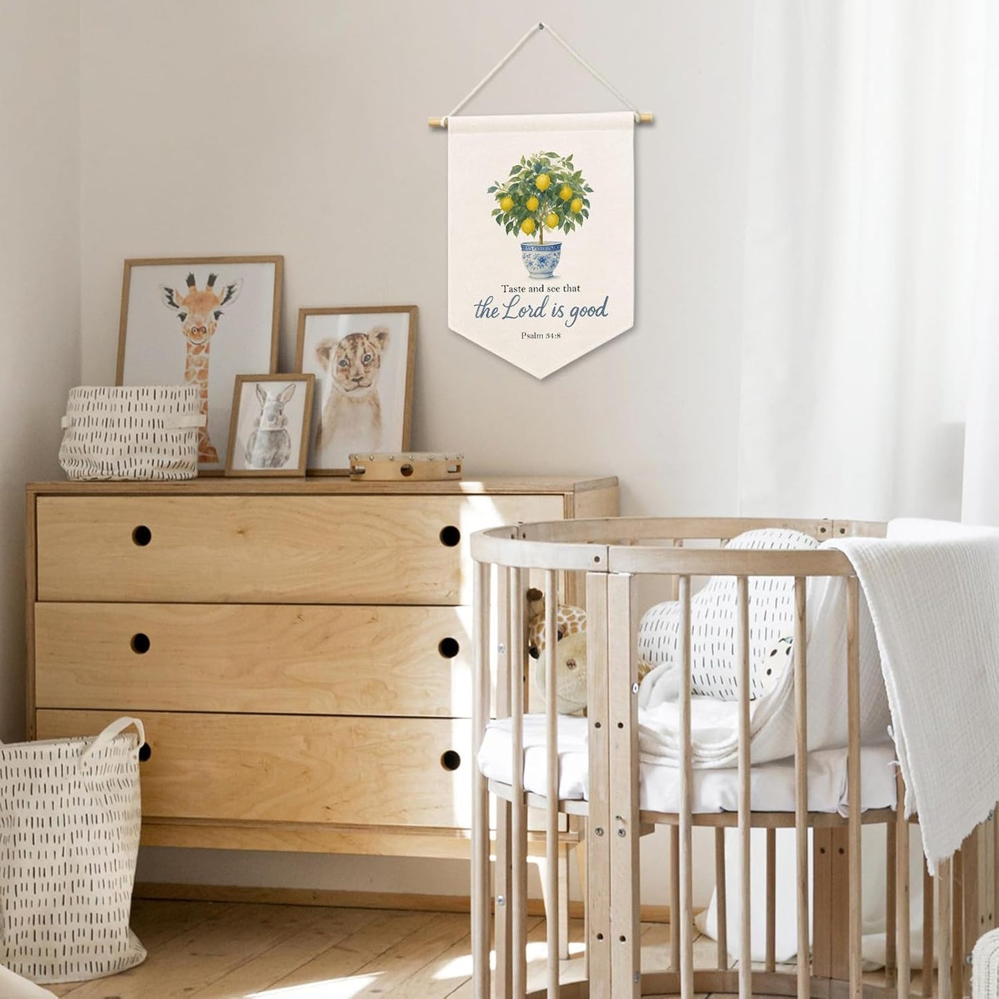 Christian Lemon Tree Kids Room Decor, Scripture Taste and See That The Lord Is Good Banner Canvas, Chinoiserie Wall Hanging Frame Decor Art Pennant Flag for Prayer Toddler Room Church 11x15in