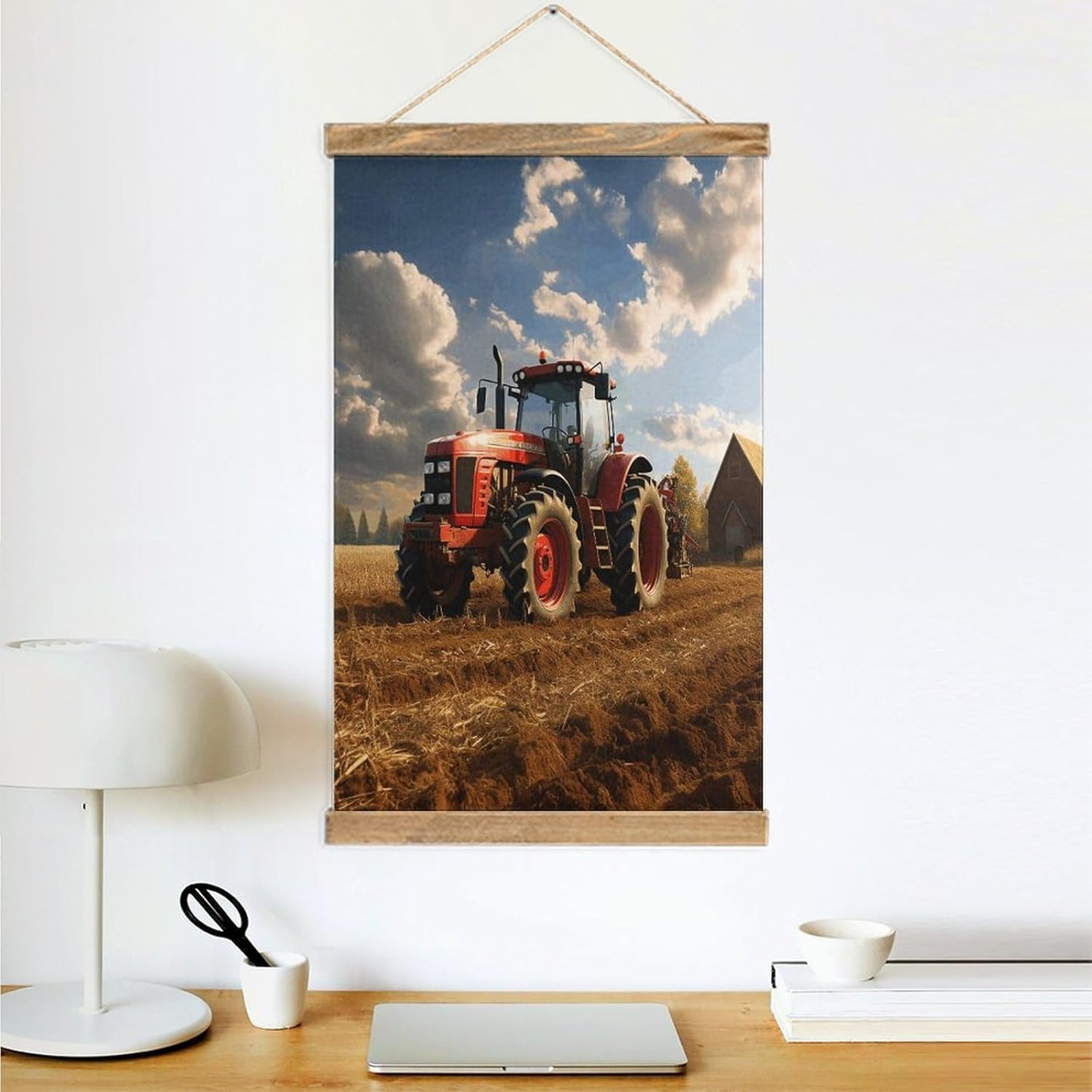 Vintage Fantasy Farm Tractor Poster with Wooden Frame Personalized Linen Hanging Scroll Painting Rustic Wall Hanging Illustrative Modern Artwork Decor for Home Living Room Bedroom Office