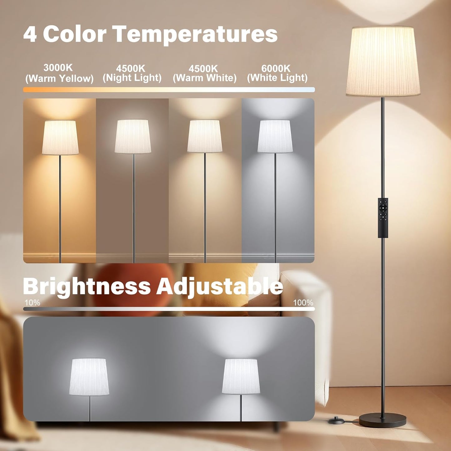 Pleated Shade Floor Lamp - 62" Dimmable Standing Lamp with Remote & Foot Switch, 4 Color Temps, E26 LED Bulb, 9W Modern Floor Reading Light for Living Room Bedroom Office Corner, Black