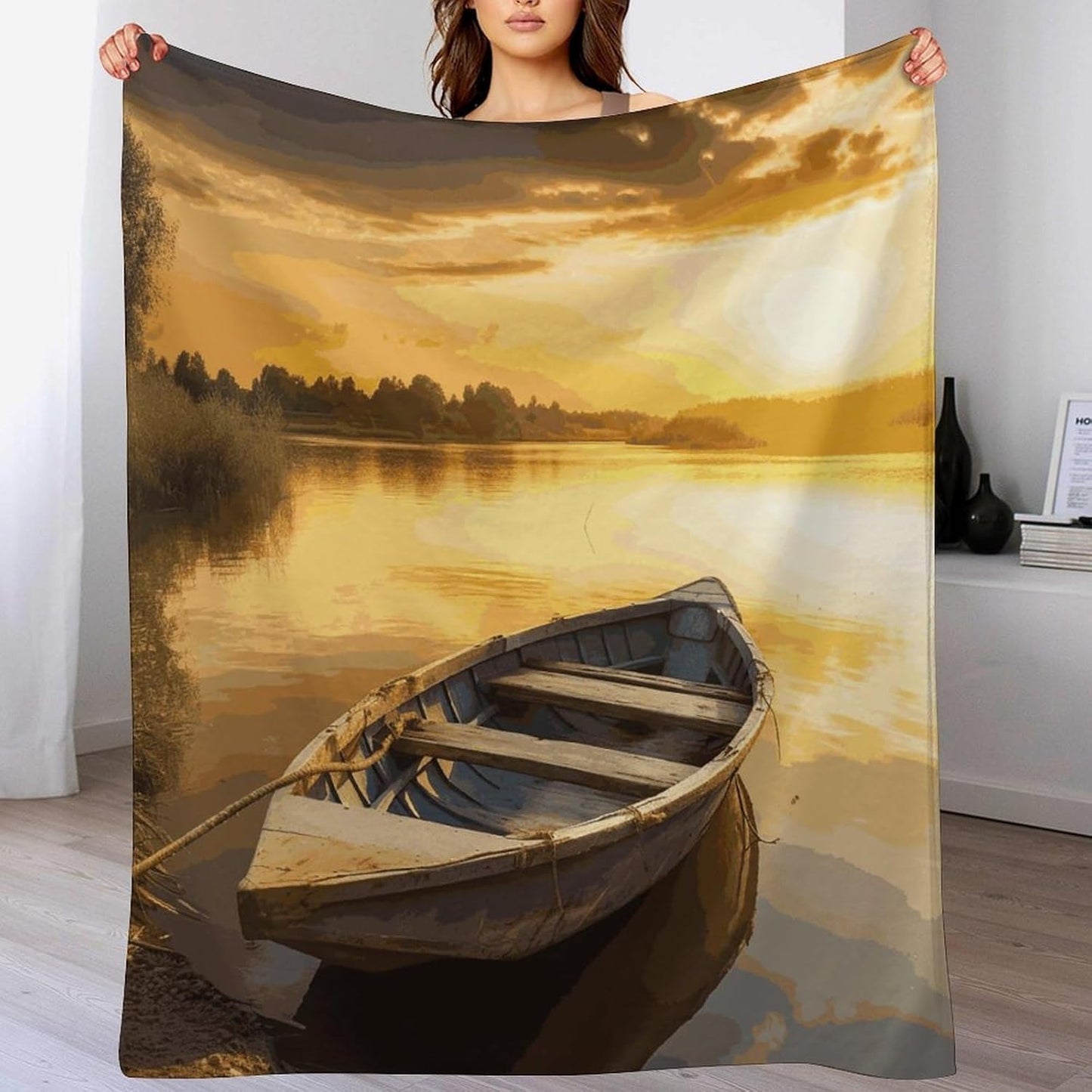 River Sunset Wooden Boat Blanket Super Soft Lightweight Throw Blanket Cute Cozy Warm Bed Blanket Decorative Fuzzy Blanket All-Season Home Decor Gift for Sofa Couch Living Room 30"*40"（76 * 100cm）