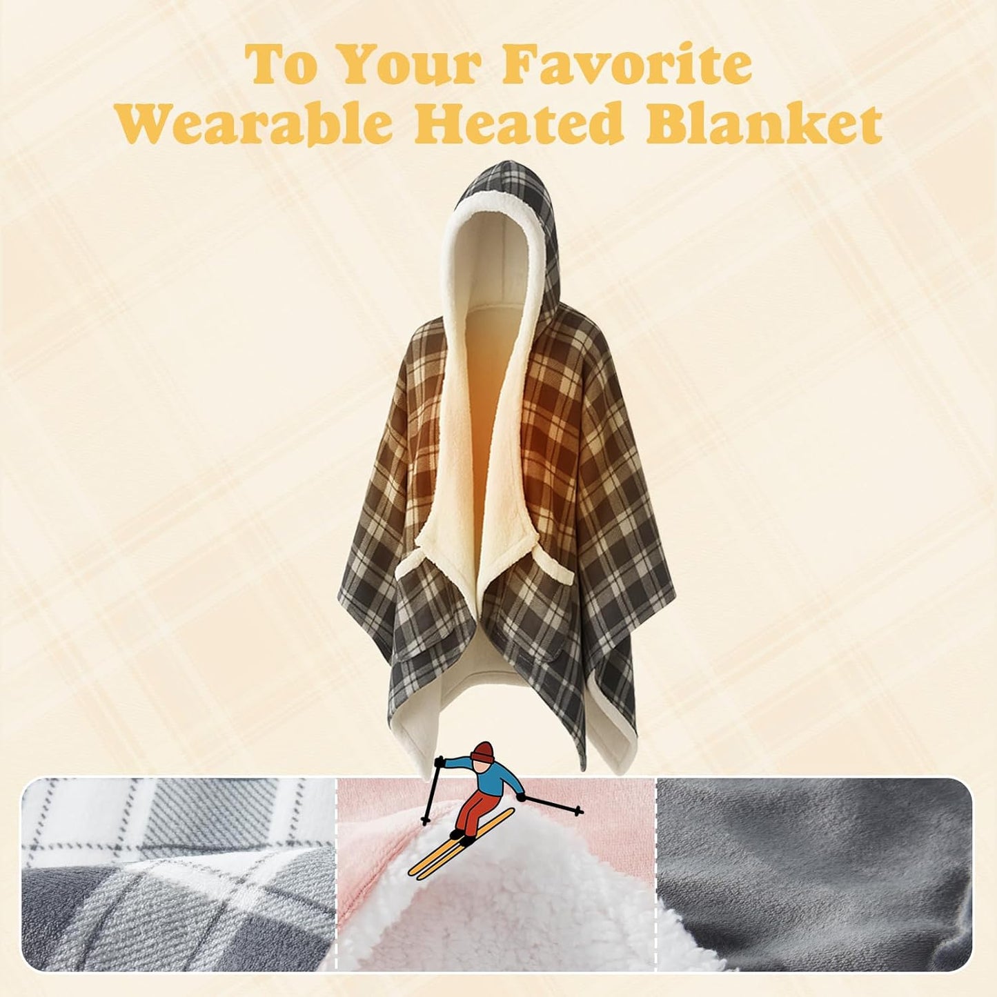 Wearable Heated Blanket - Warm Up Electric Blanket Hoodie with 6 Heat Levels, Snuggies for women, gifts for her, 50"x70", Black White Plaid